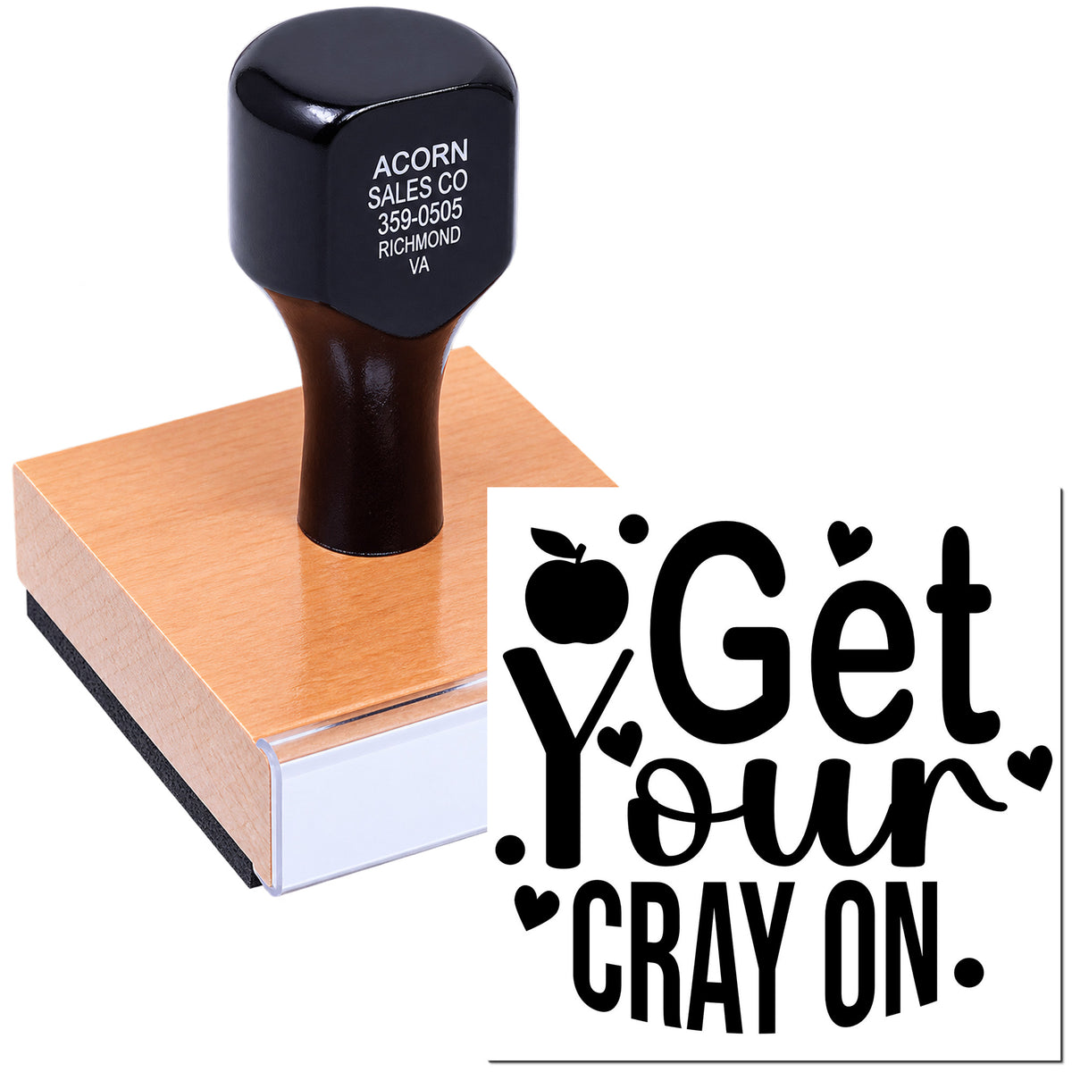 Custom rubber stamp with Get Your Cray On design for teacher crafts, classroom rewards, and student work.