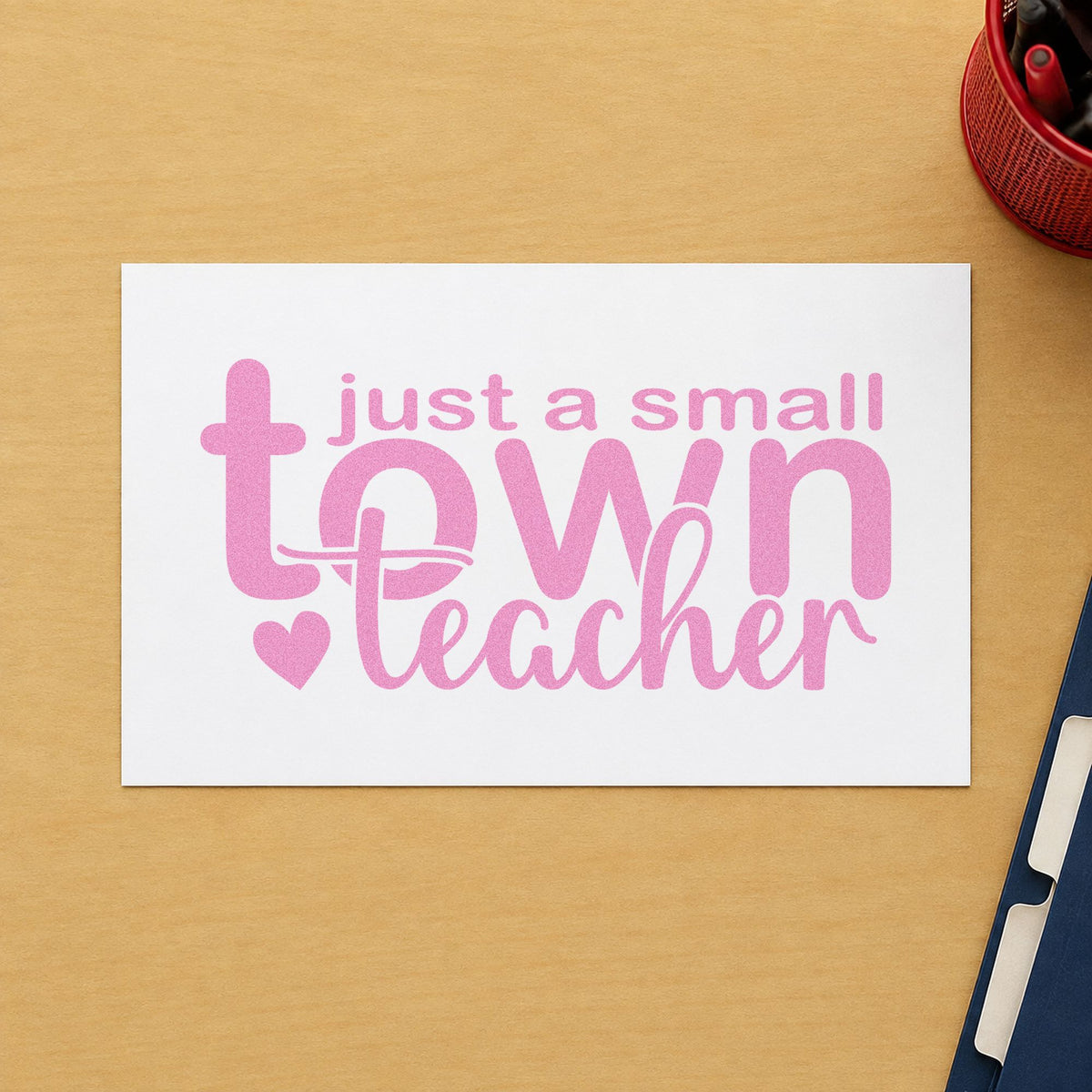 Small Town Teacher craft stamp in purple ink on cardstock, an easy option for village fete tags.