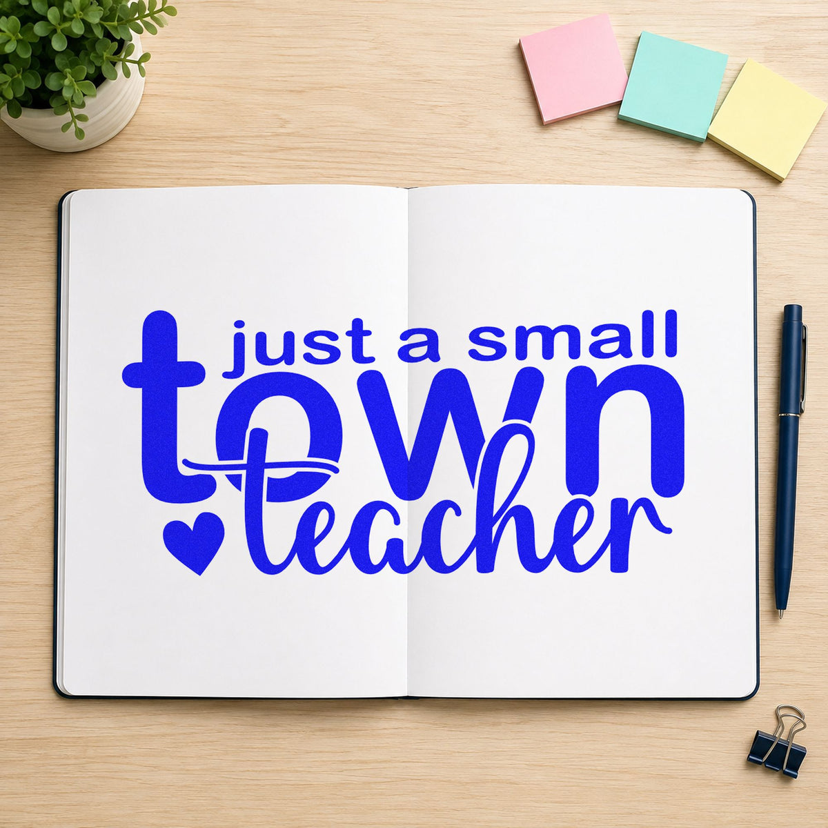 Small Town Teacher craft stamp in blue ink on cardstock, an easy option for tea towel panels.