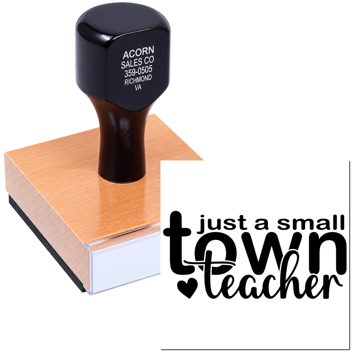 Custom rubber teacher stamp with wooden handle and just a small town teacher logo for classroom use