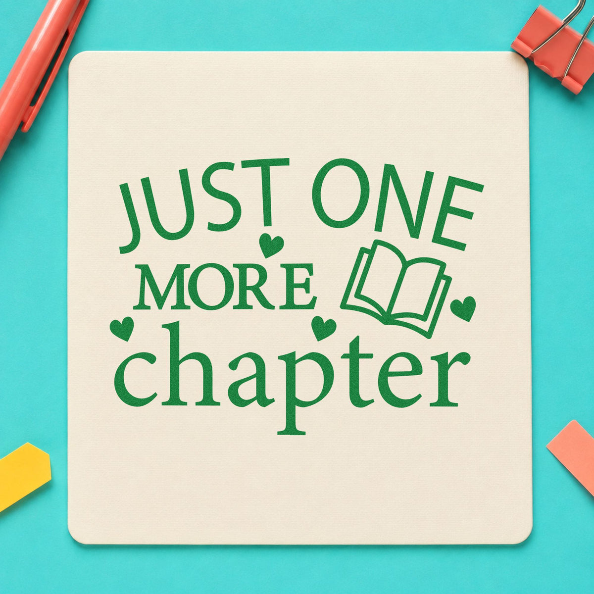 Just One More Chapter Book craft stamp imprint in green ink on a handmade project, one idea being discussion pages.