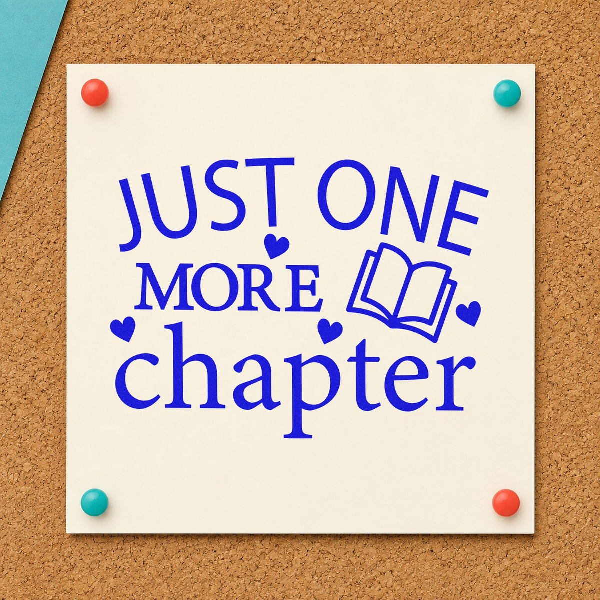 Just One More Chapter Book craft stamp in blue ink on cardstock, an easy option for book sleeve panels.