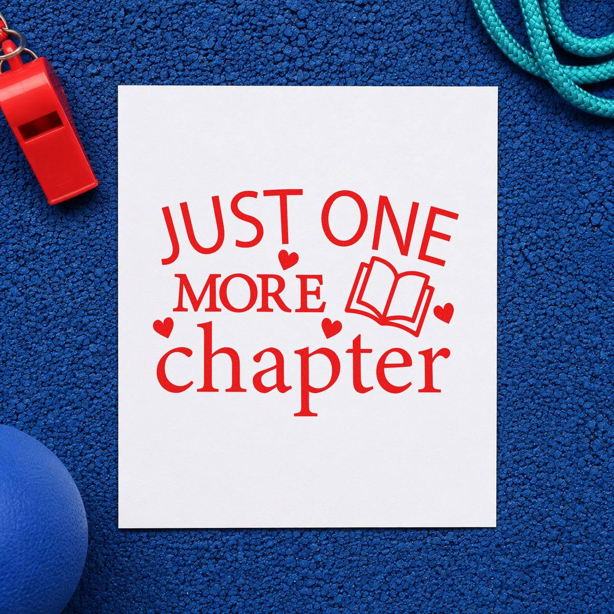 Just One More Chapter Book rubber stamp shown in red ink, stamped for projects such as meeting night notes.
