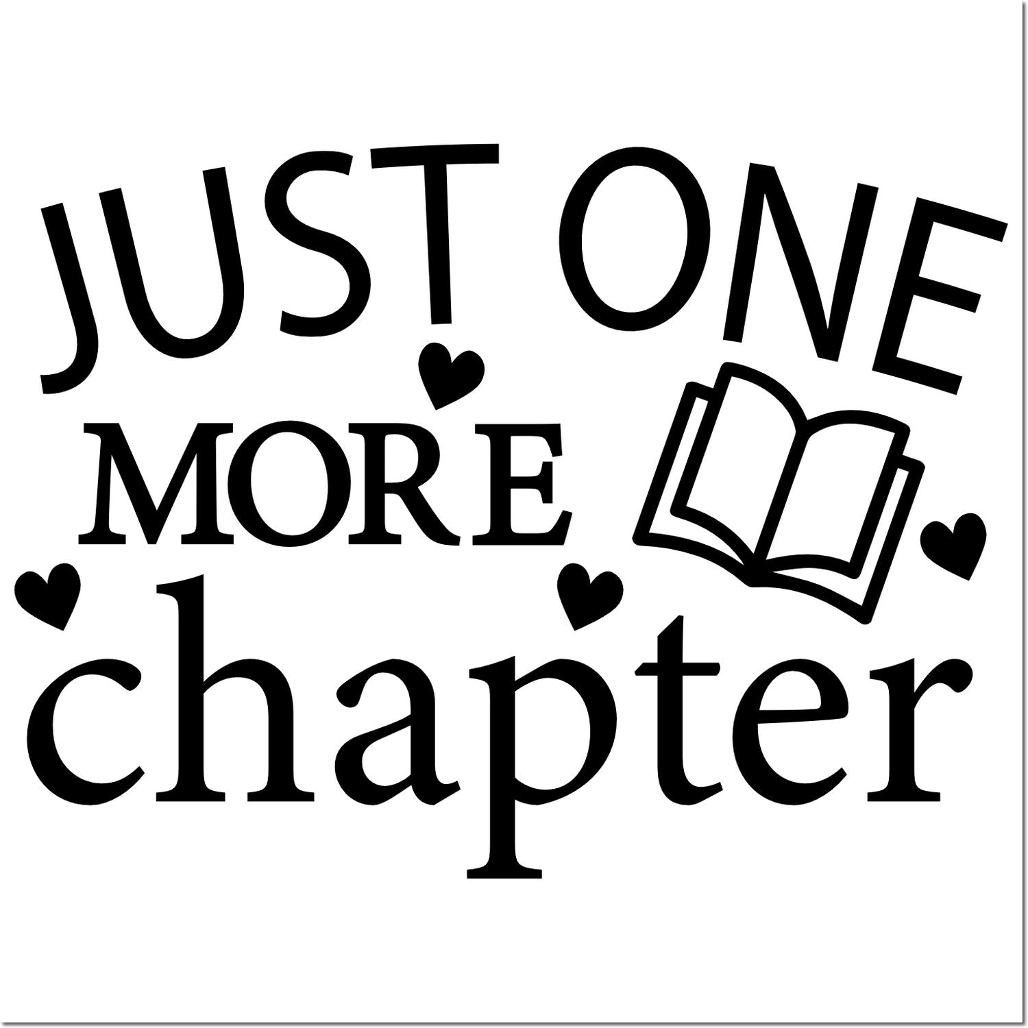 Just One More Chapter rubber stamp design with book icon and hearts for book lovers, reading journals, and craft projects.
