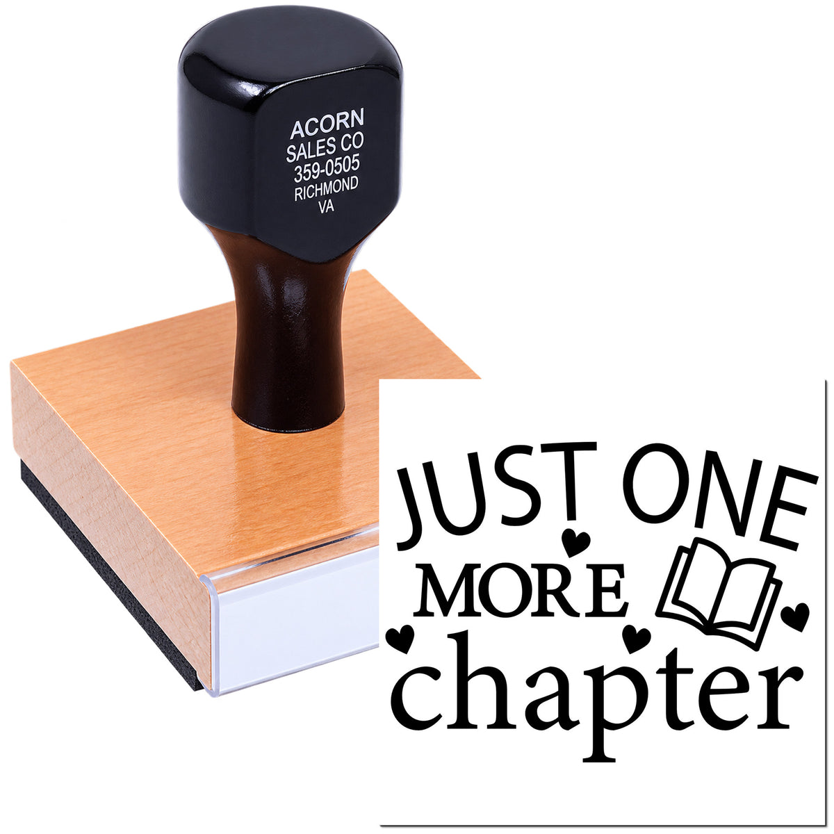 Custom rubber stamp with Just One More Chapter design for book lovers, libraries, and reading-themed gifts.