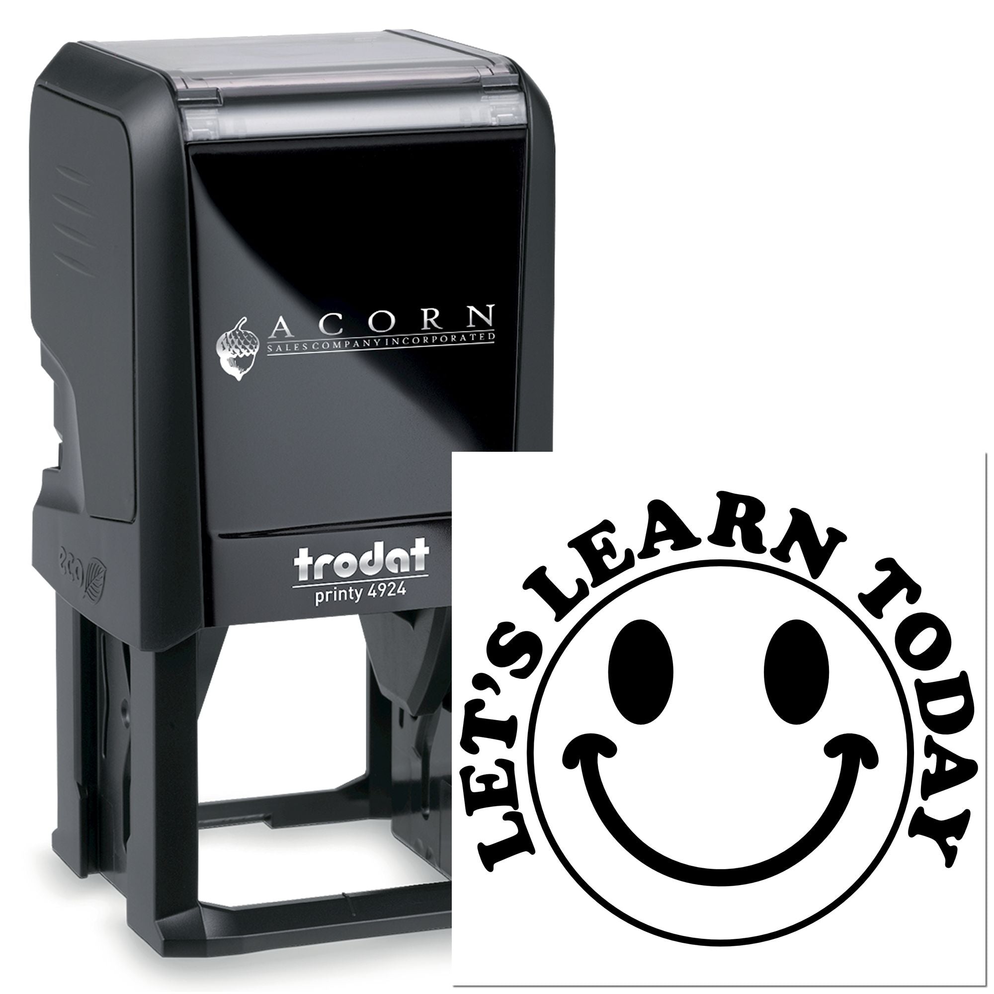 Custom self-inking rubber stamp with smiley face design and Lets Learn To Be Happy Day imprint.