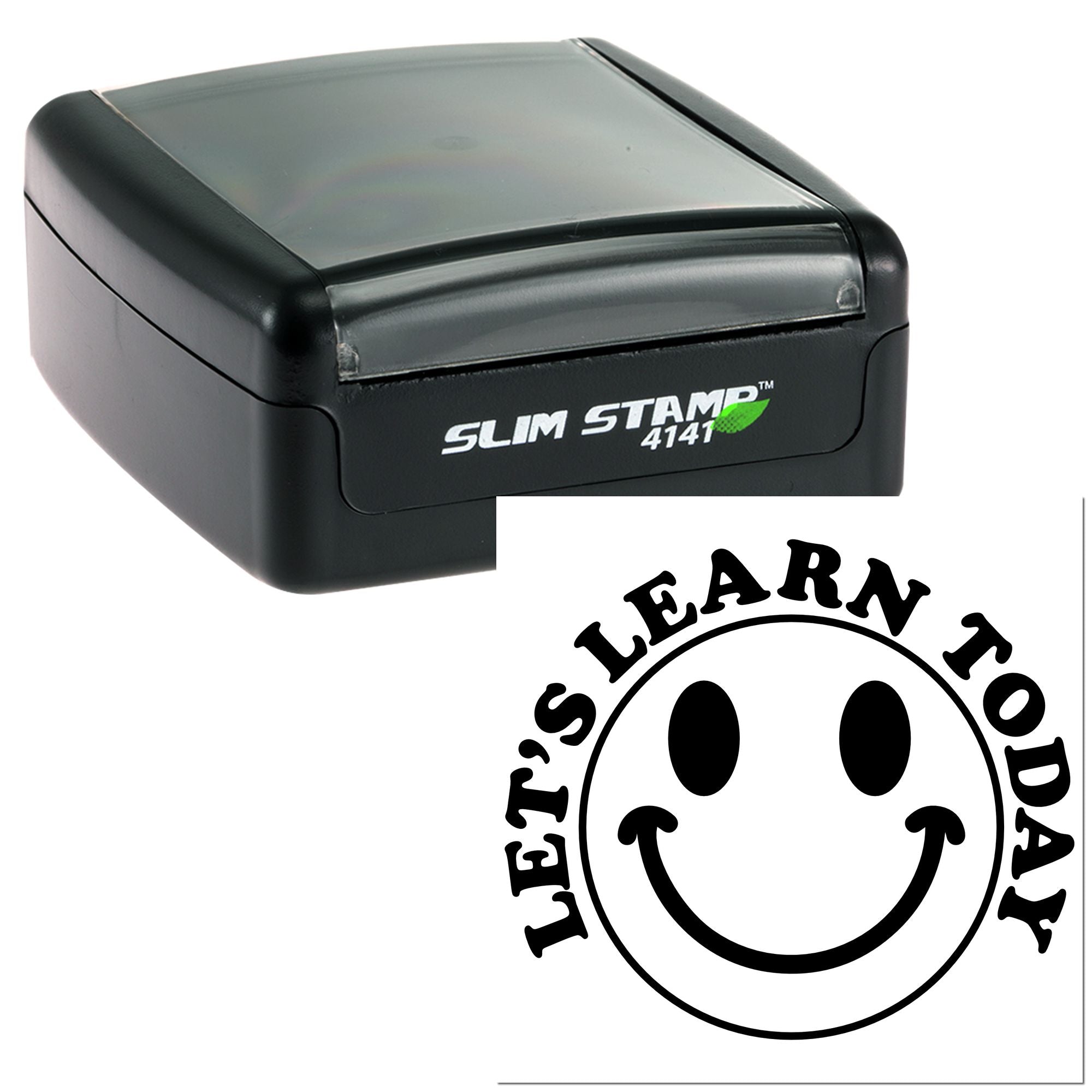 Self-inking rubber stamp with Learn Today smiley logo imprint for classroom rewards and motivational marking.