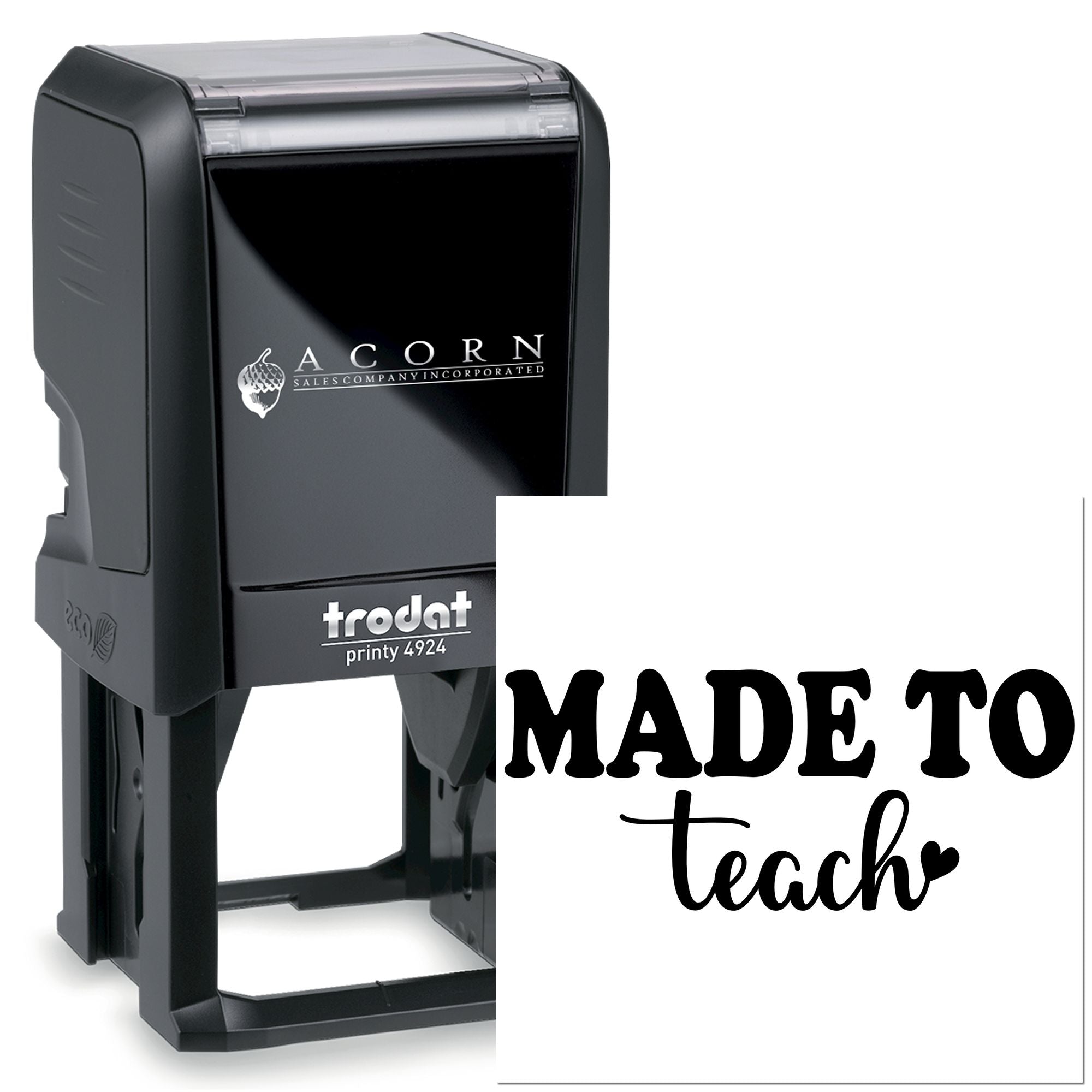 Custom self-inking rubber stamp for teachers with Made to Teach imprint, Trodat Printy 4924 style