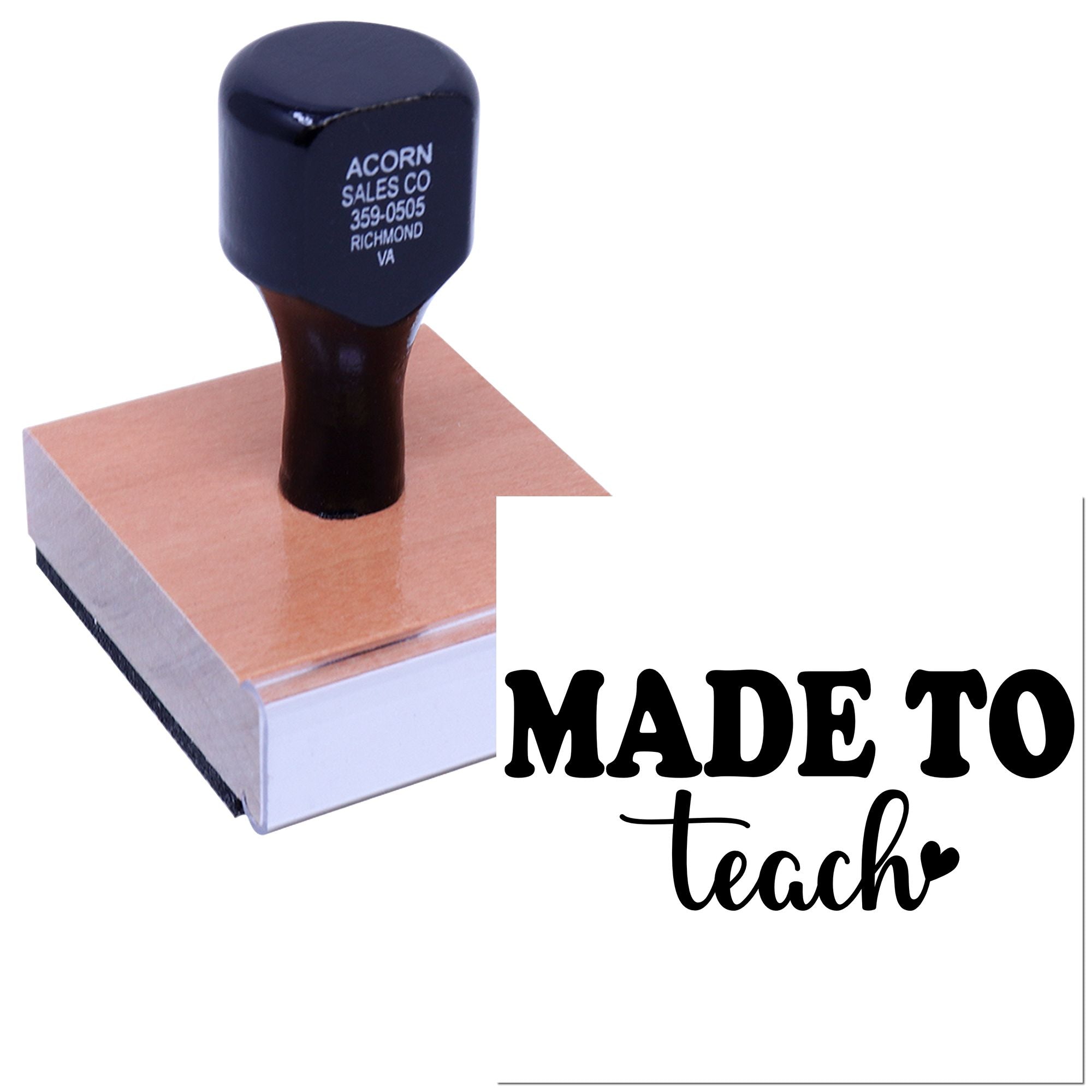 Custom rubber stamp with Made to Teach design, ideal for teacher appreciation, classroom branding, and craft projects.