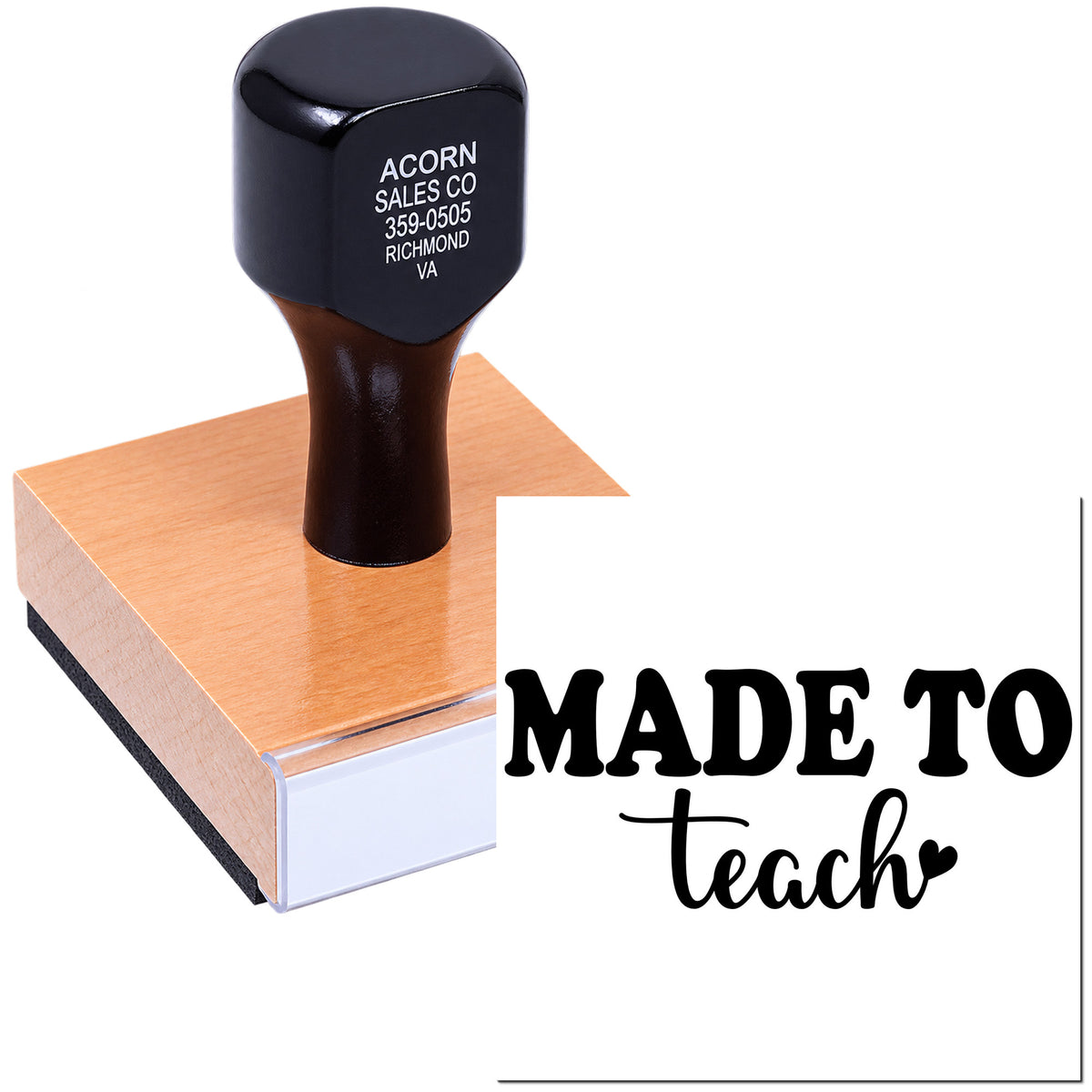 Custom rubber stamp with Made to Teach design, ideal for teacher appreciation, classroom branding, and craft projects.