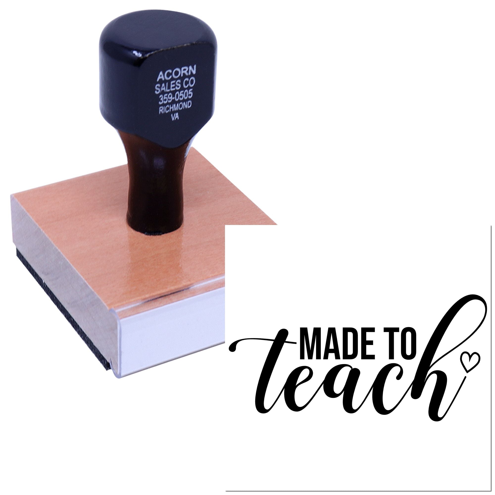 Custom rubber stamp with company address imprint, wood handle design, Made to Teach branded for business use.
