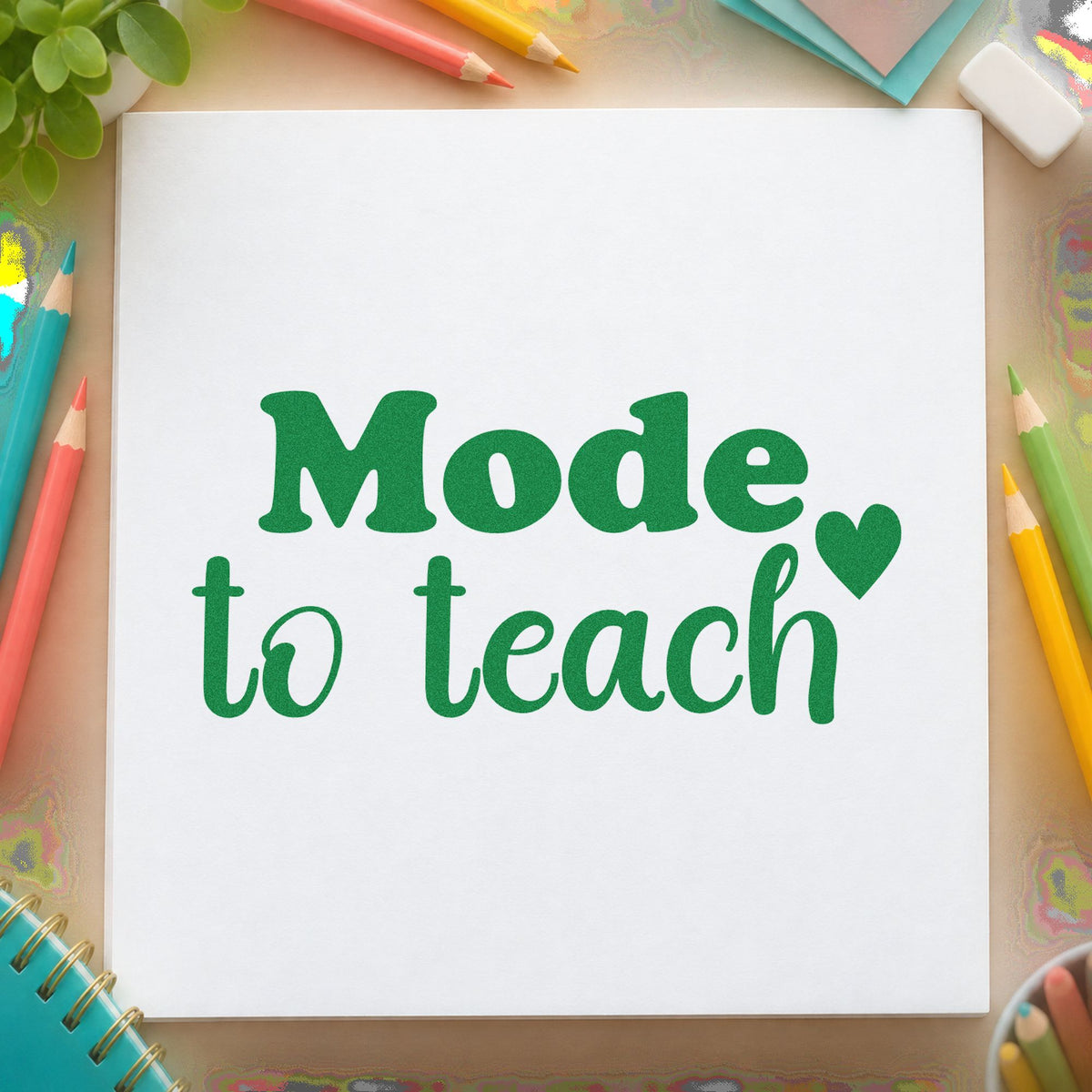 Made To Teach Simple craft stamp imprint in green ink on a handmade project, one idea being lettering pages.