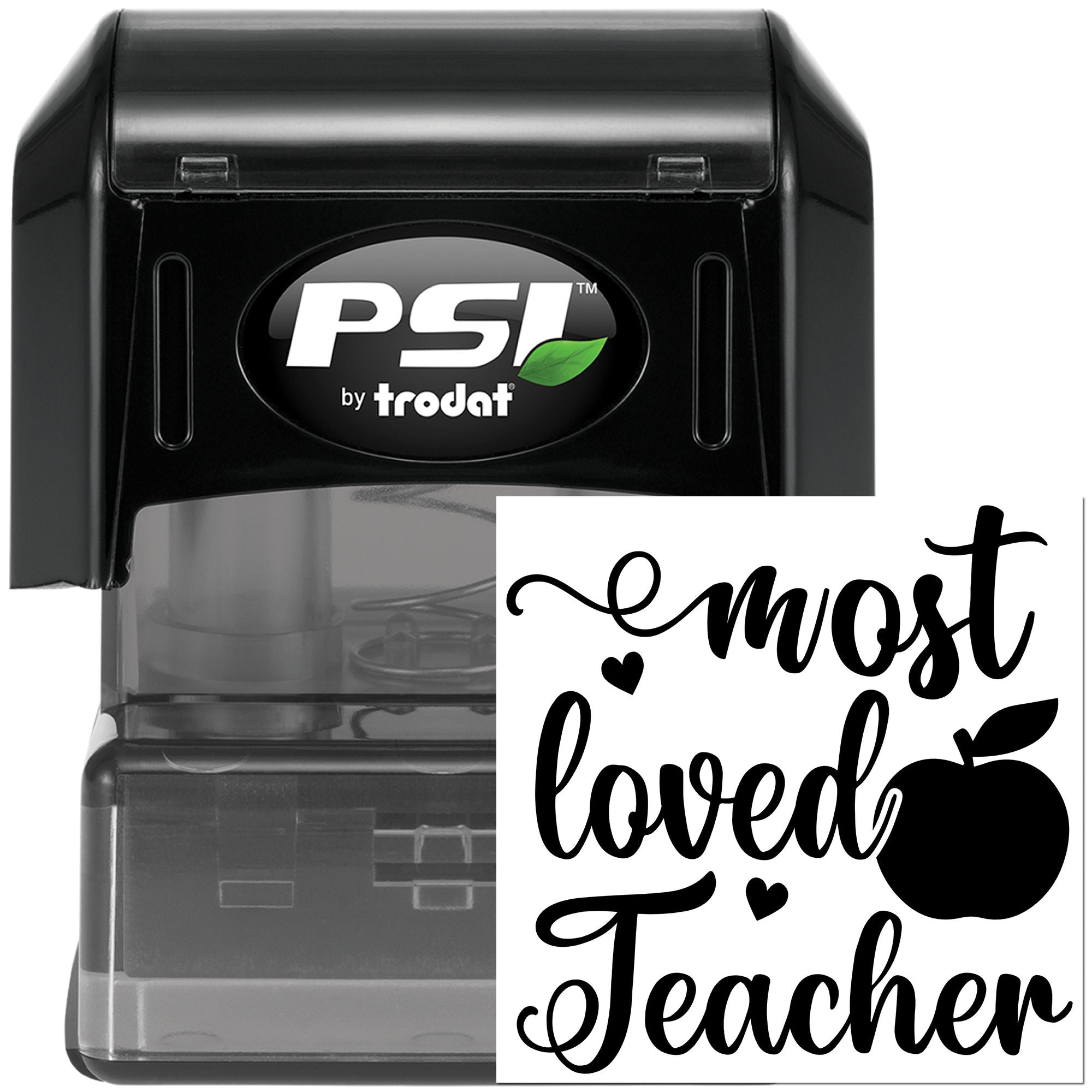 PSI by Trodat self-inking rubber stamp with custom Most Loved Teacher design, apple and hearts for classroom use.
