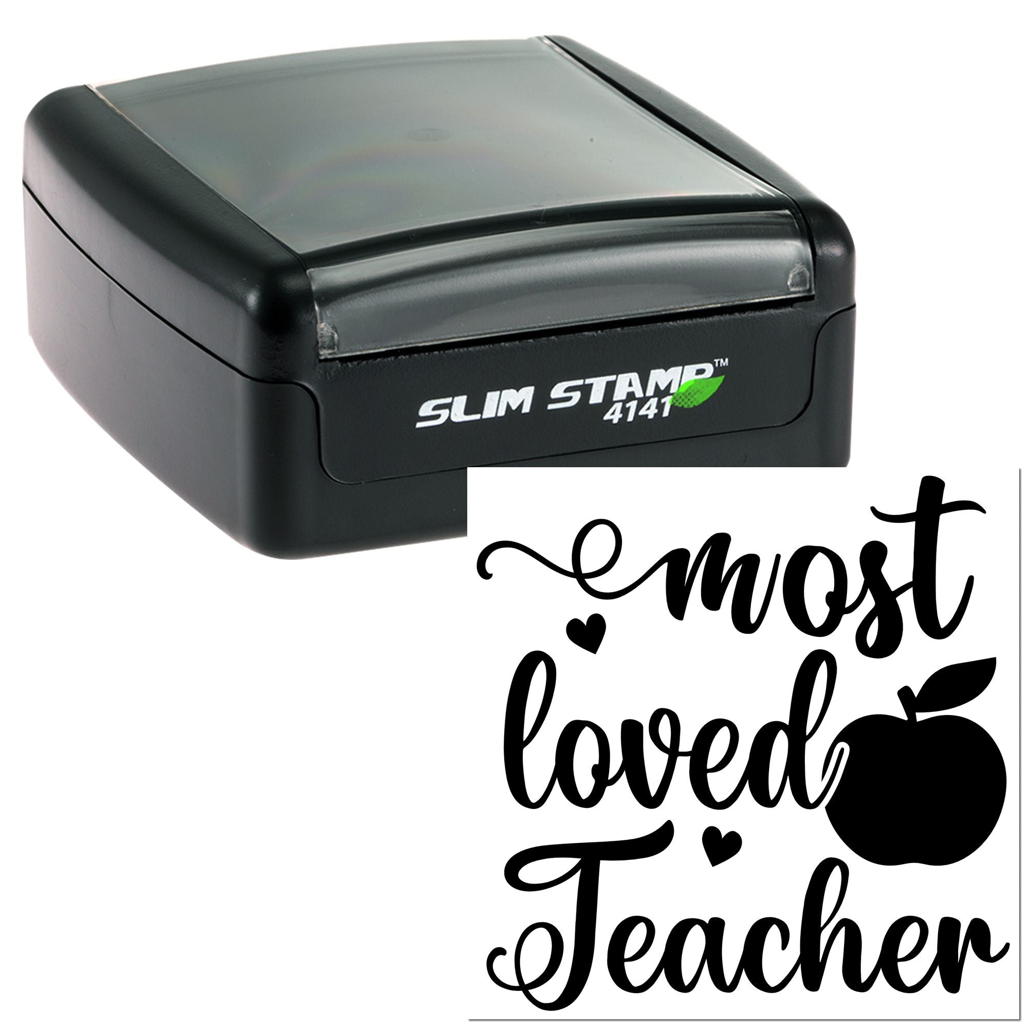 Self-inking rubber stamp with Most Loved Teacher apple design for teacher appreciation gifts and personalized classroom marking.
