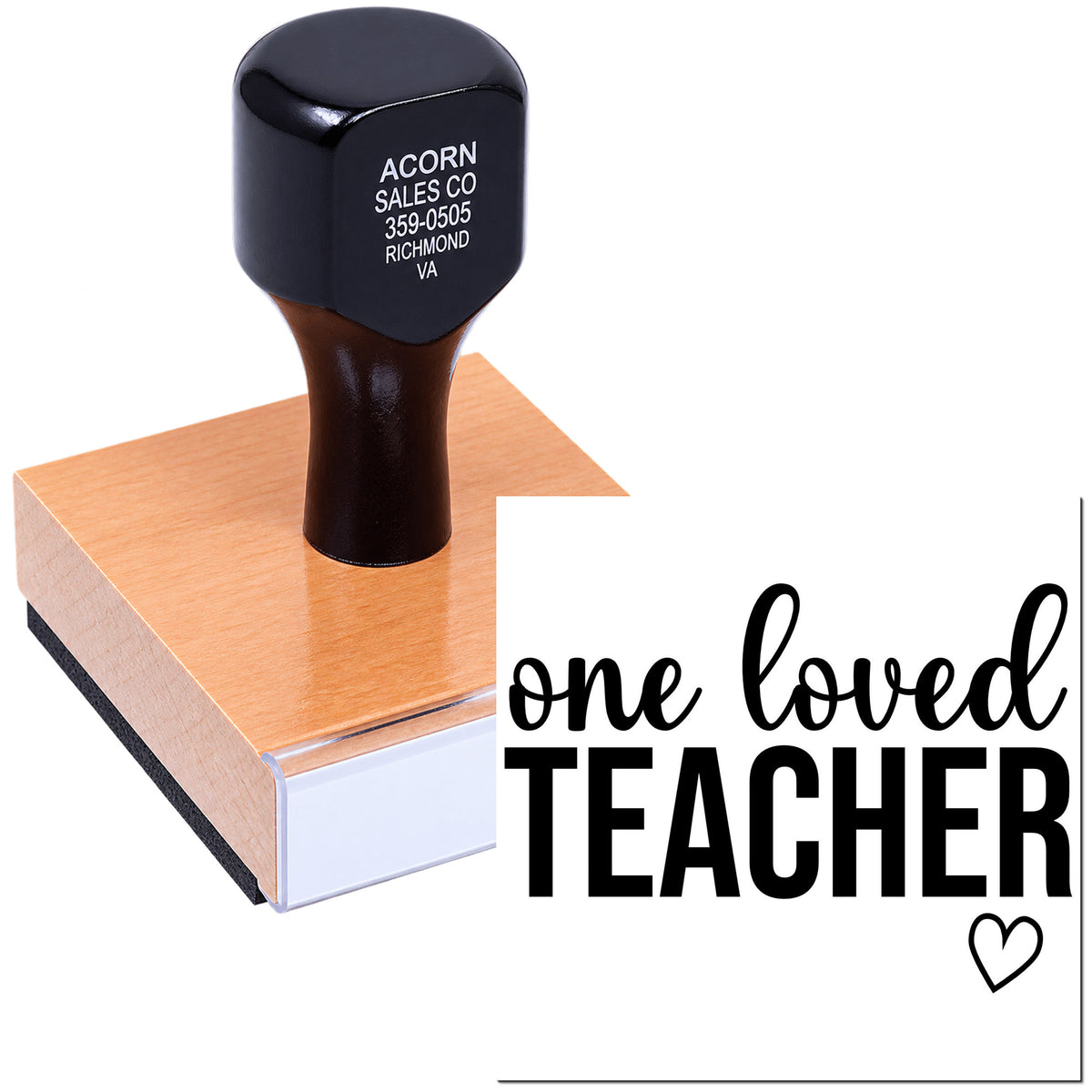 Custom rubber stamp featuring One Loved Teacher design for classroom appreciation and teacher gifts.