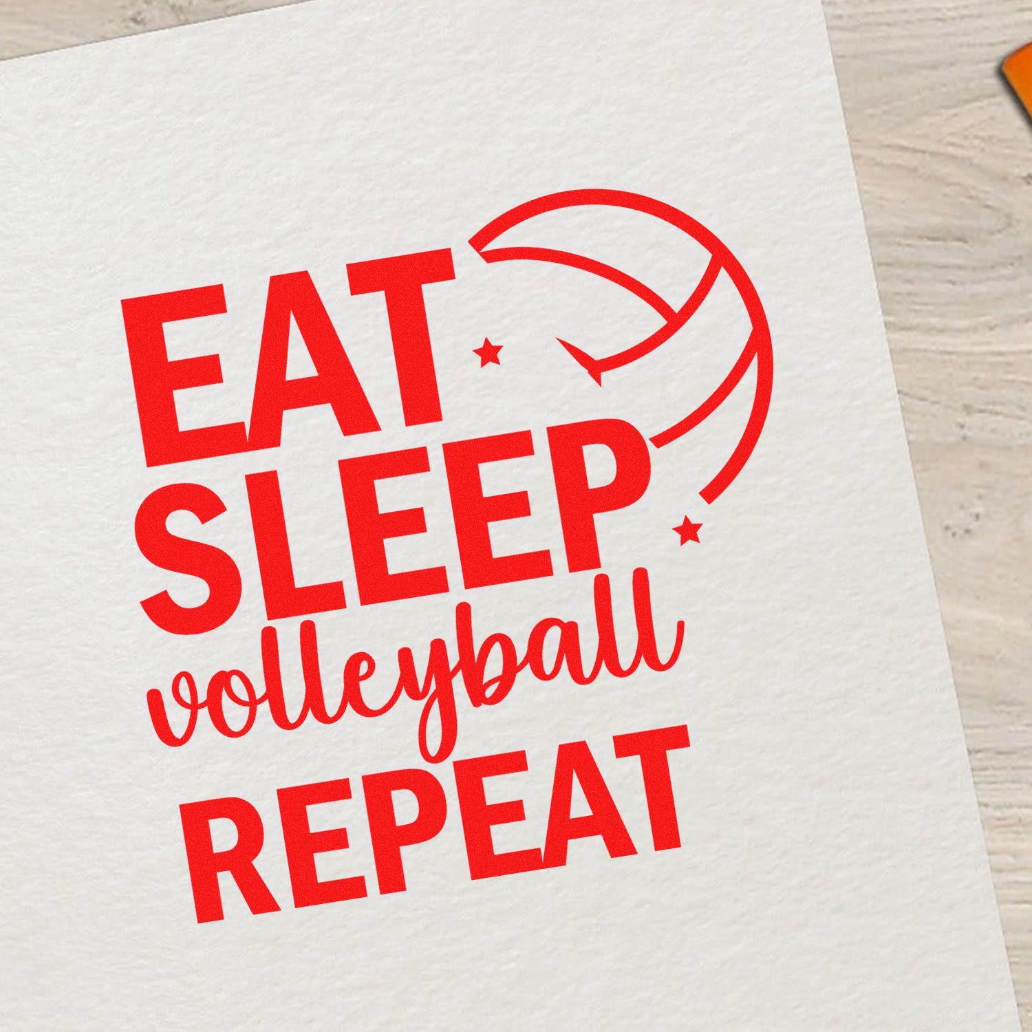 Volleyball-themed rubber stamp design reading Eat Sleep Volleyball Repeat with ball graphic.