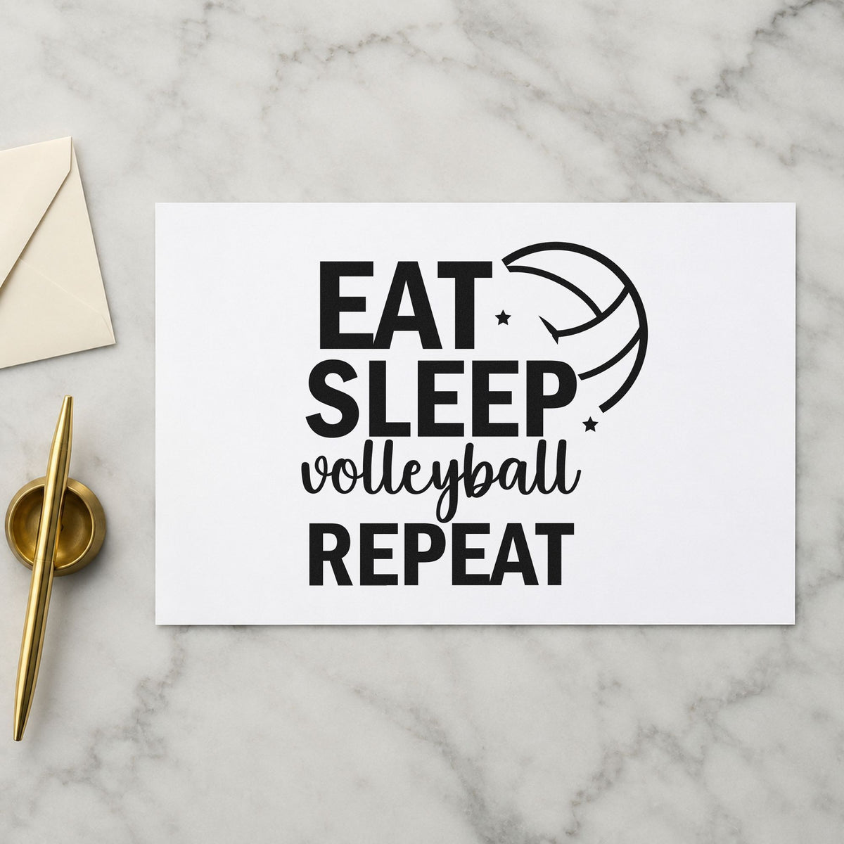 Eat Sleep Volleyball Repeat rubber stamp printed in black ink, ready for partial ball cards and similar paper crafts.