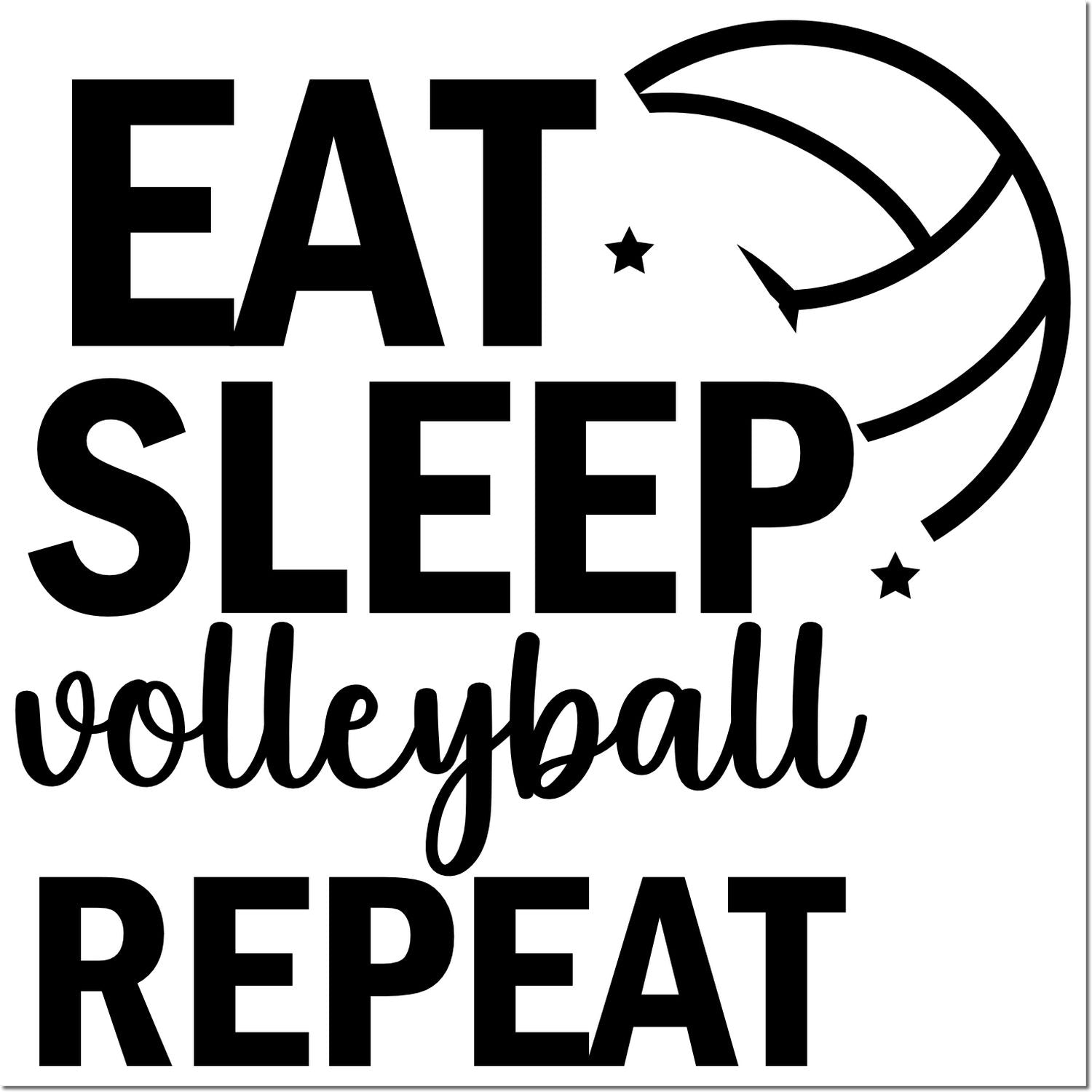 Eat Sleep Volleyball Repeat rubber stamp design with volleyball graphic and stars for sports-themed crafting.