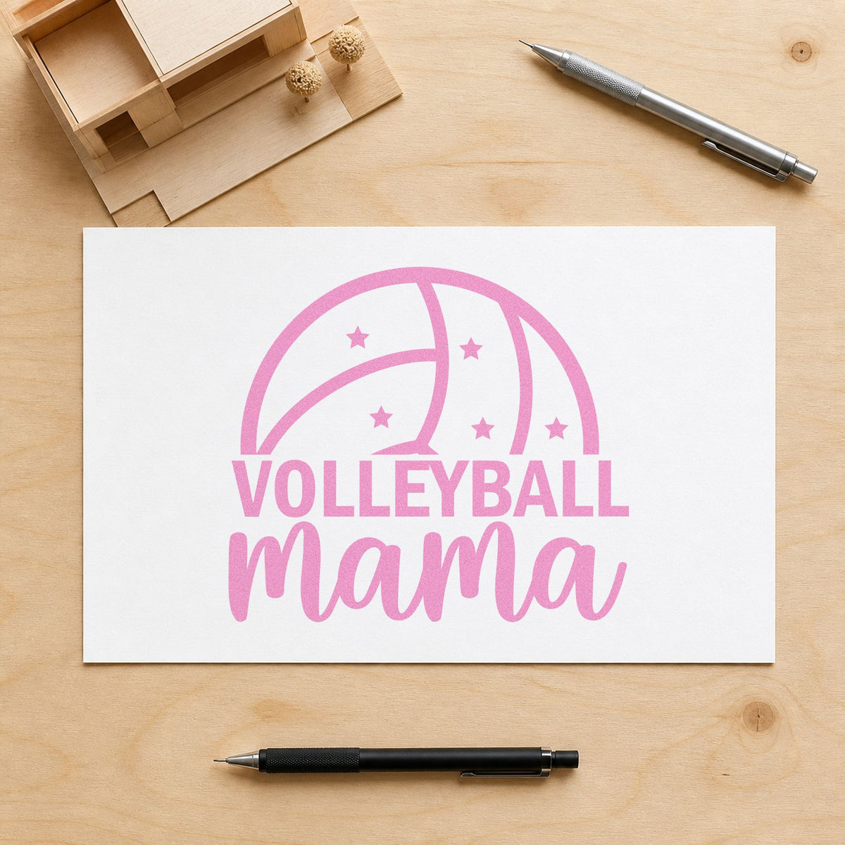 Volleyball Mama Ball craft stamp in purple ink on cardstock, an easy option for team parent tags.