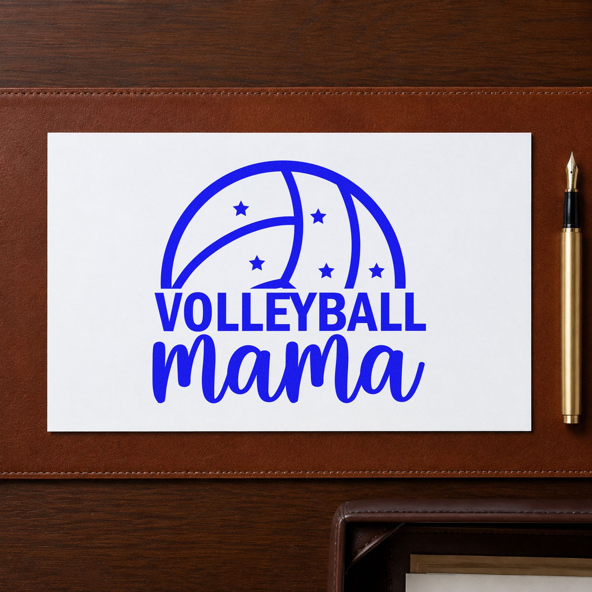 Volleyball Mama Ball craft stamp imprinted in blue ink on paper, a design suited to fundraiser seals.