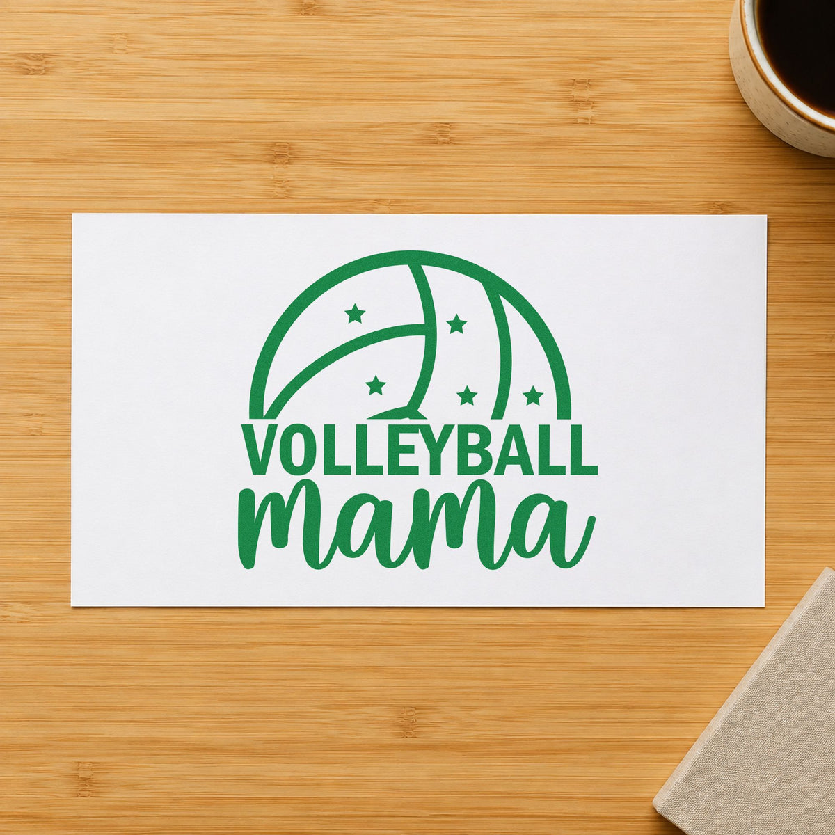 Volleyball Mama Ball craft stamp imprint in green ink on a handmade project, one idea being framed mudroom hook.