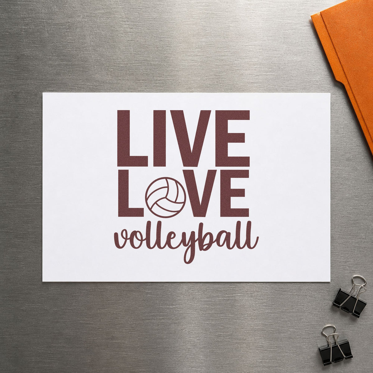 Live Love Volleyball rubber stamp printed in brown ink, ready for cupcake box labels and similar paper crafts.
