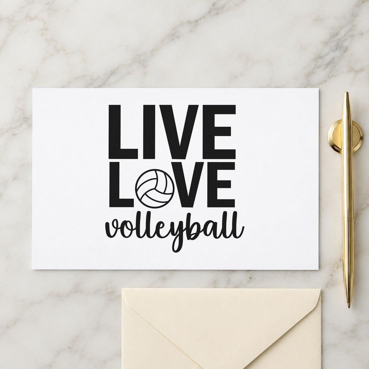 Live Love Volleyball rubber stamp printed in black ink, ready for ball in love cards and similar paper crafts.