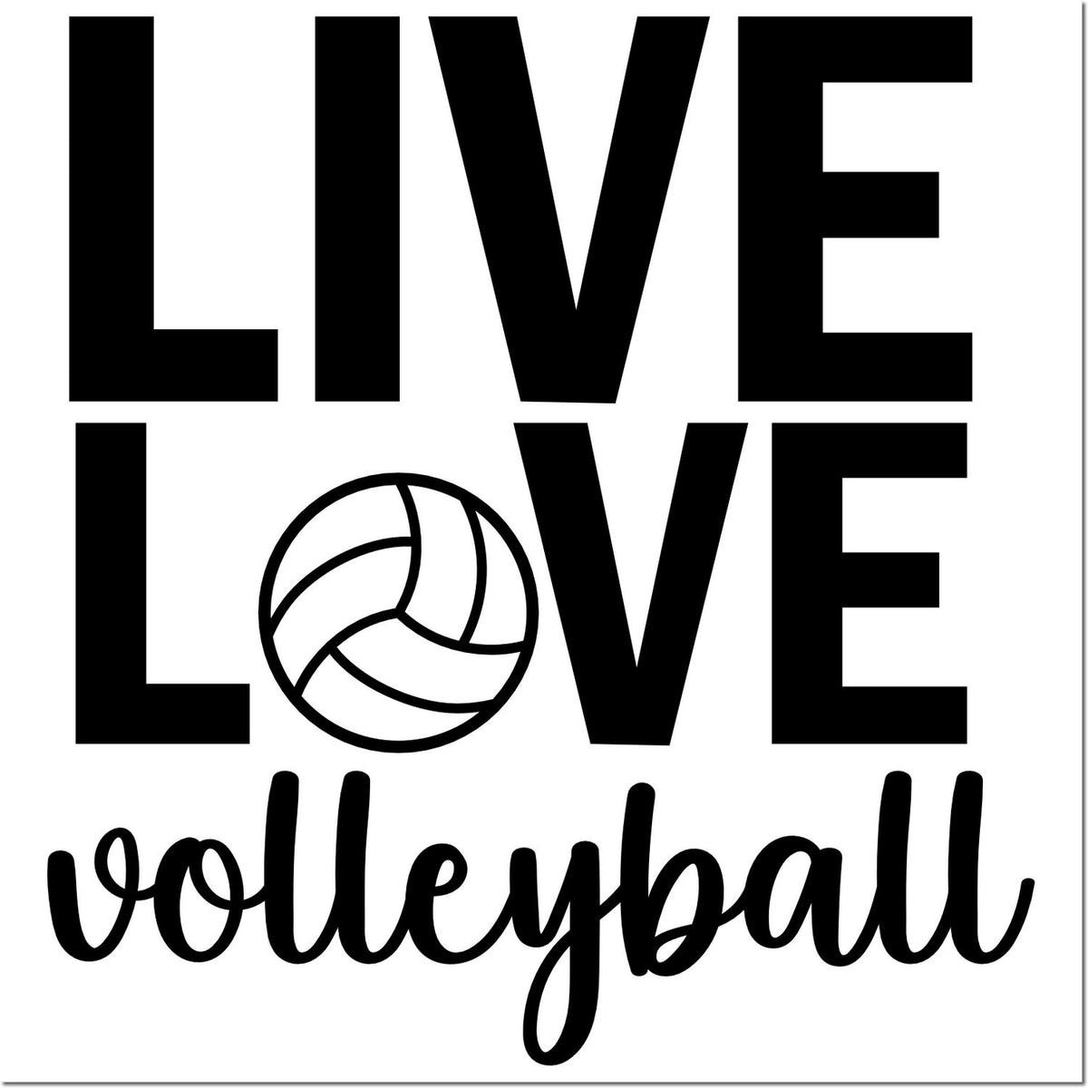 Live Love Volleyball rubber stamp design with bold lettering and volleyball icon for sports crafts and team projects.