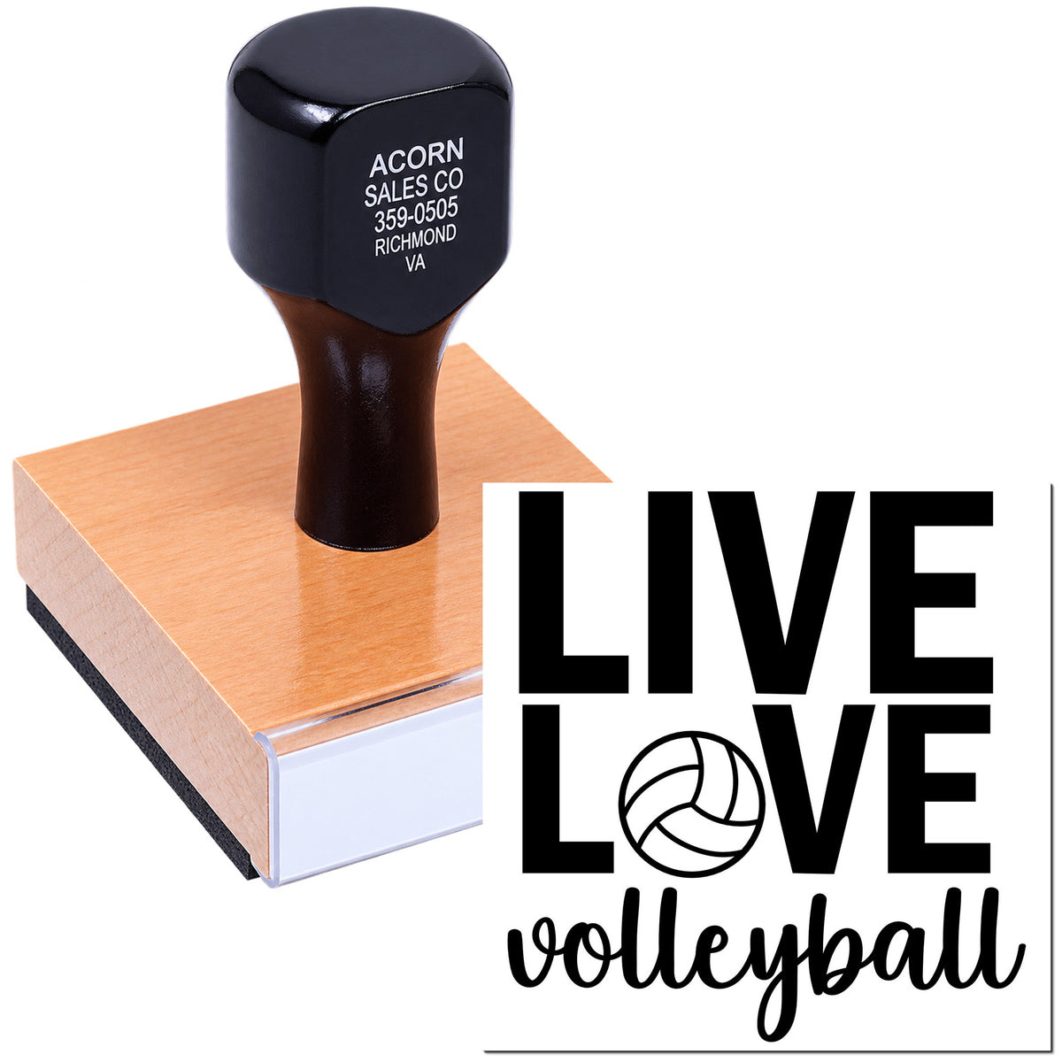 Personalized rubber stamp featuring LIVE LOVE volleyball design for sports team branding, crafts, and gift packaging.