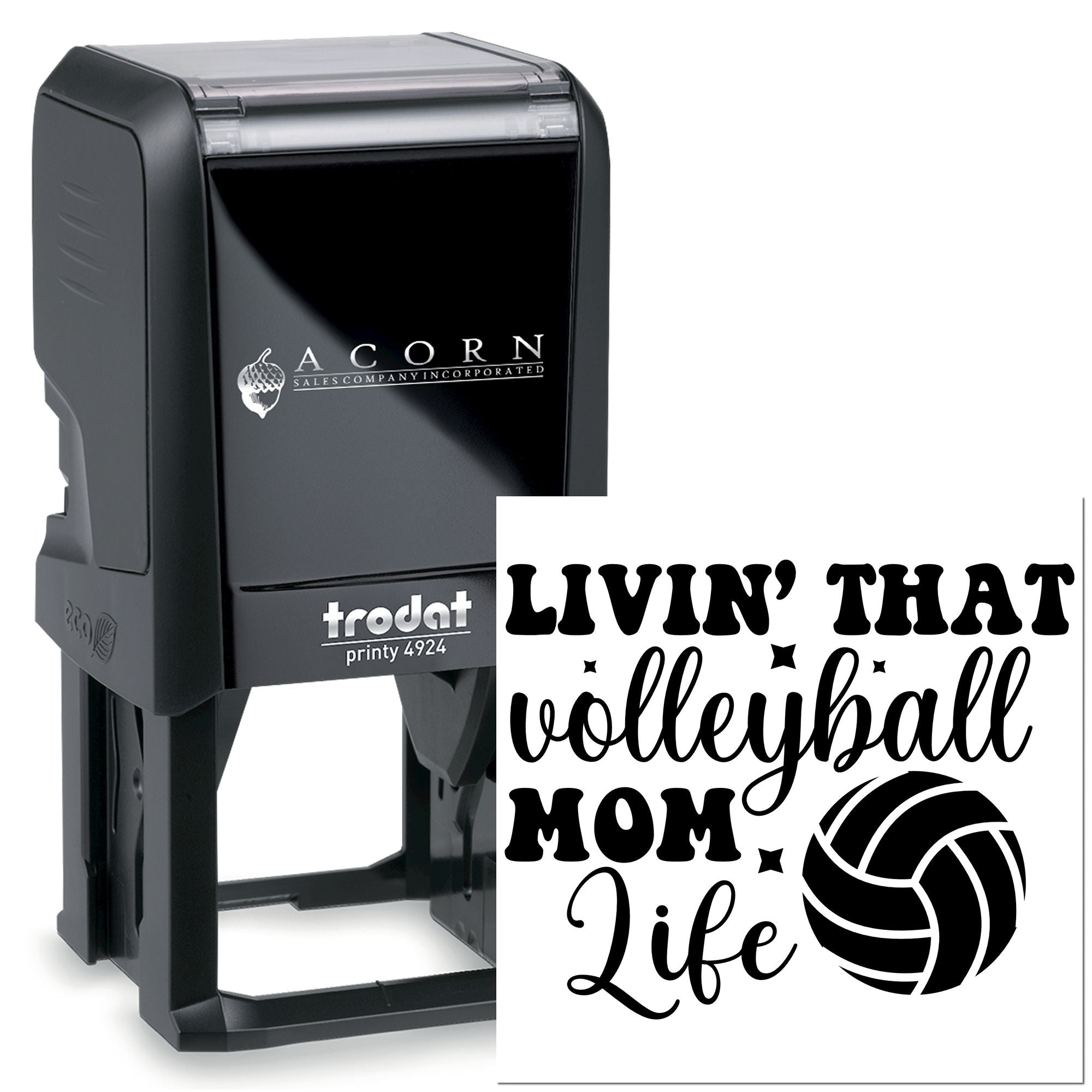 Custom self-inking rubber stamp with volleyball mom design, shown in Trodat Printy 4924 case for personalized branding.