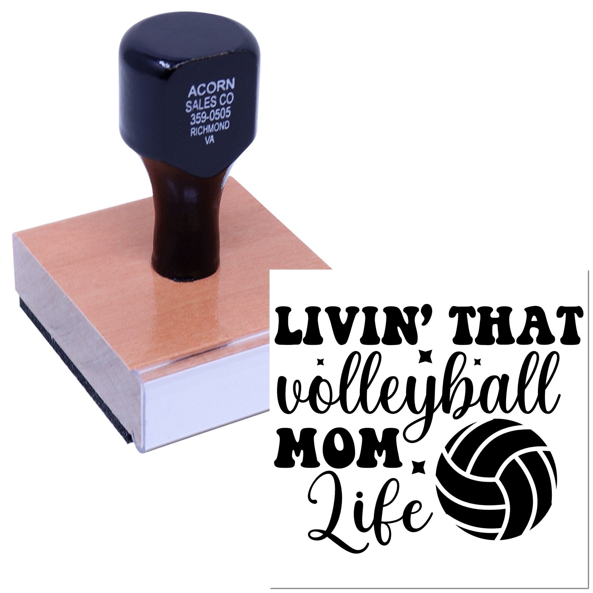 Custom volleyball mom life rubber stamp with wooden handle for personalized sports crafts, stationery, and packaging.