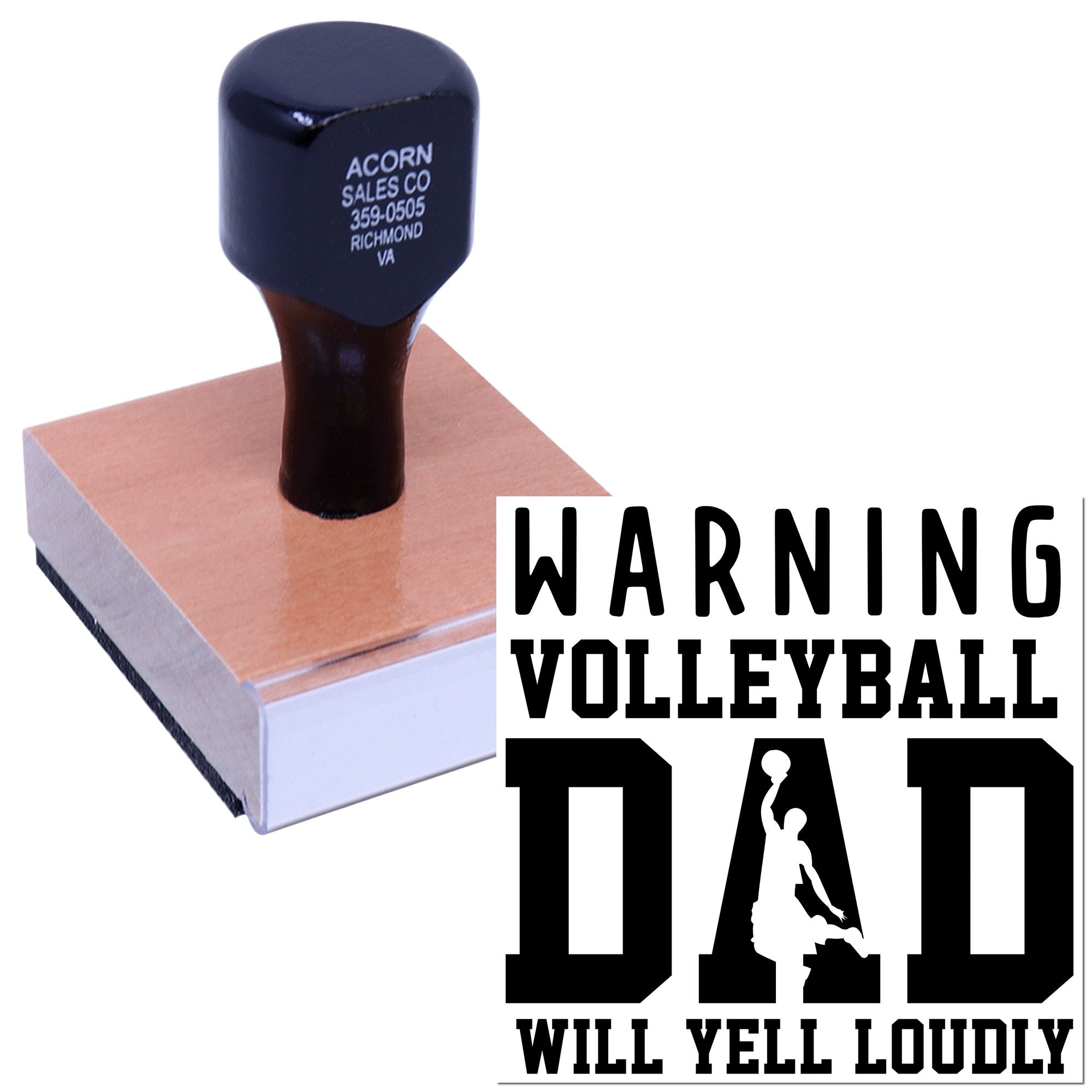 Custom rubber stamp with Warning Volleyball Dad Will Yell Loudly design for funny volleyball gifts and sports fan branding