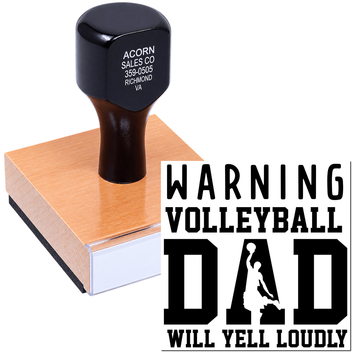 Custom rubber stamp with Warning Volleyball Dad Will Yell Loudly design for funny volleyball gifts and sports fan branding