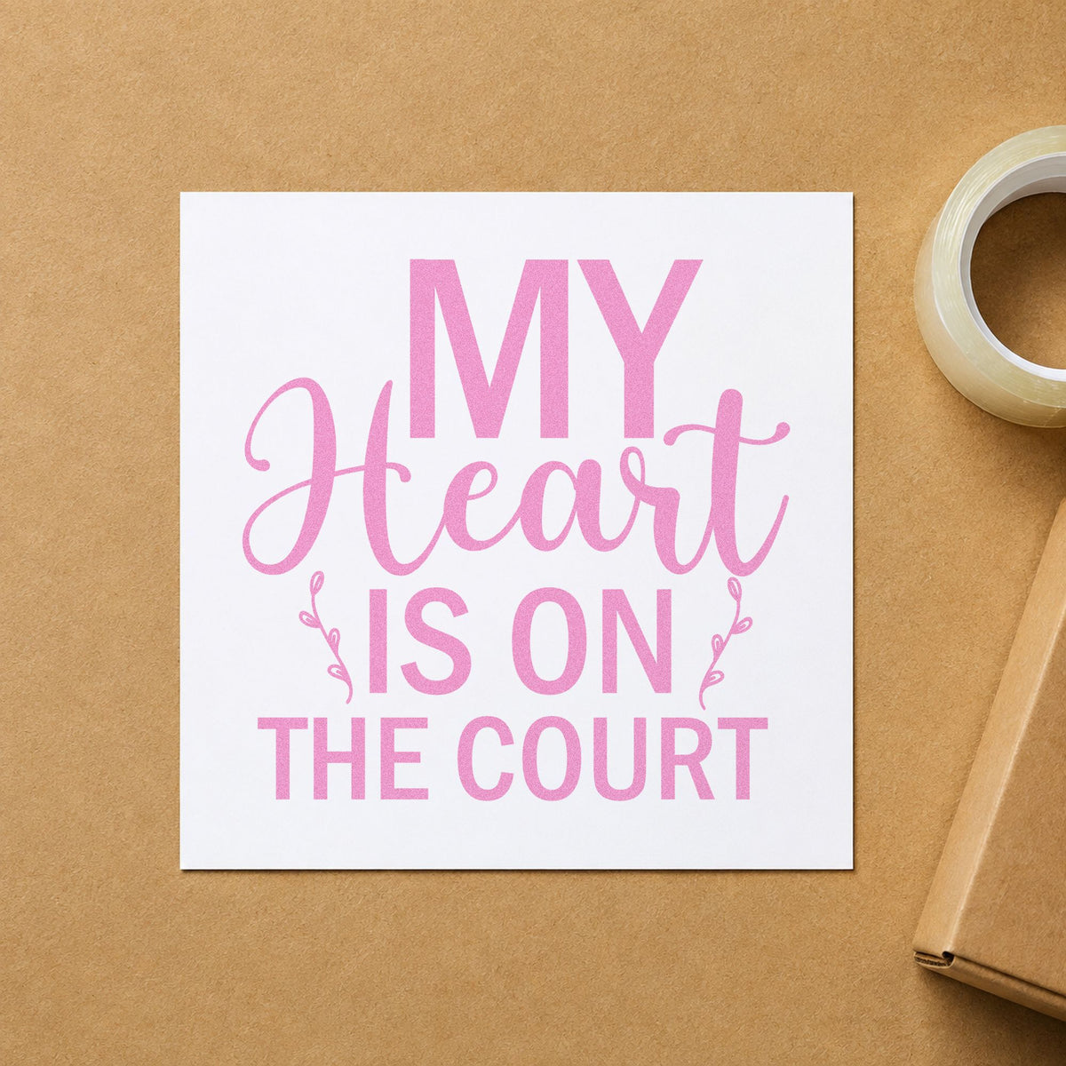 My Heart On The Court craft stamp in purple ink on cardstock, an easy option for senior gift tags.
