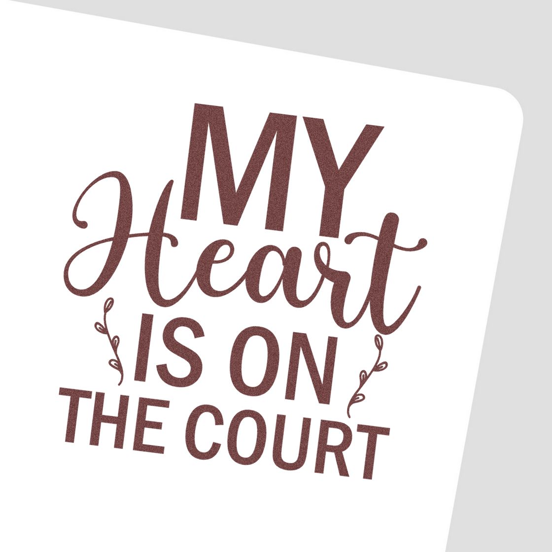 My Heart On The Court rubber stamp shown in brown ink, stamped for projects such as senior gift tags.