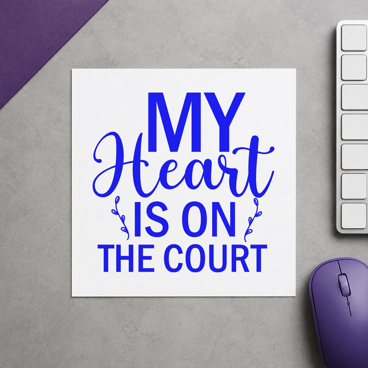 My Heart On The Court craft stamp in blue ink on cardstock, an easy option for jersey quilt panels.