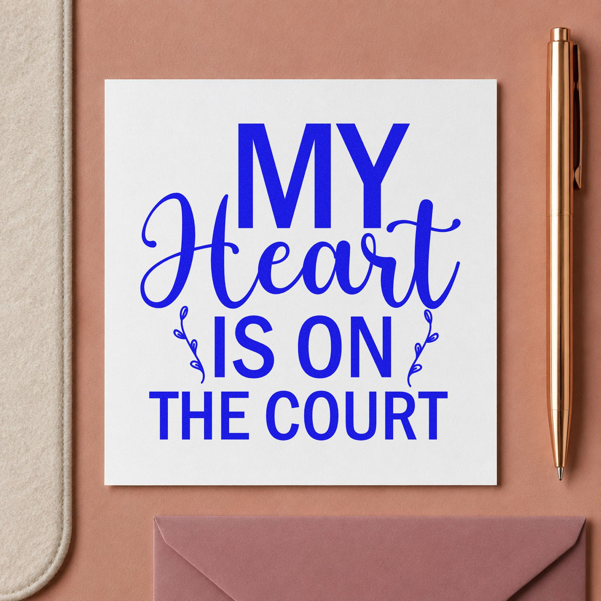 My Heart On The Court craft stamp imprinted in blue ink on paper, a design suited to scholarship seals.