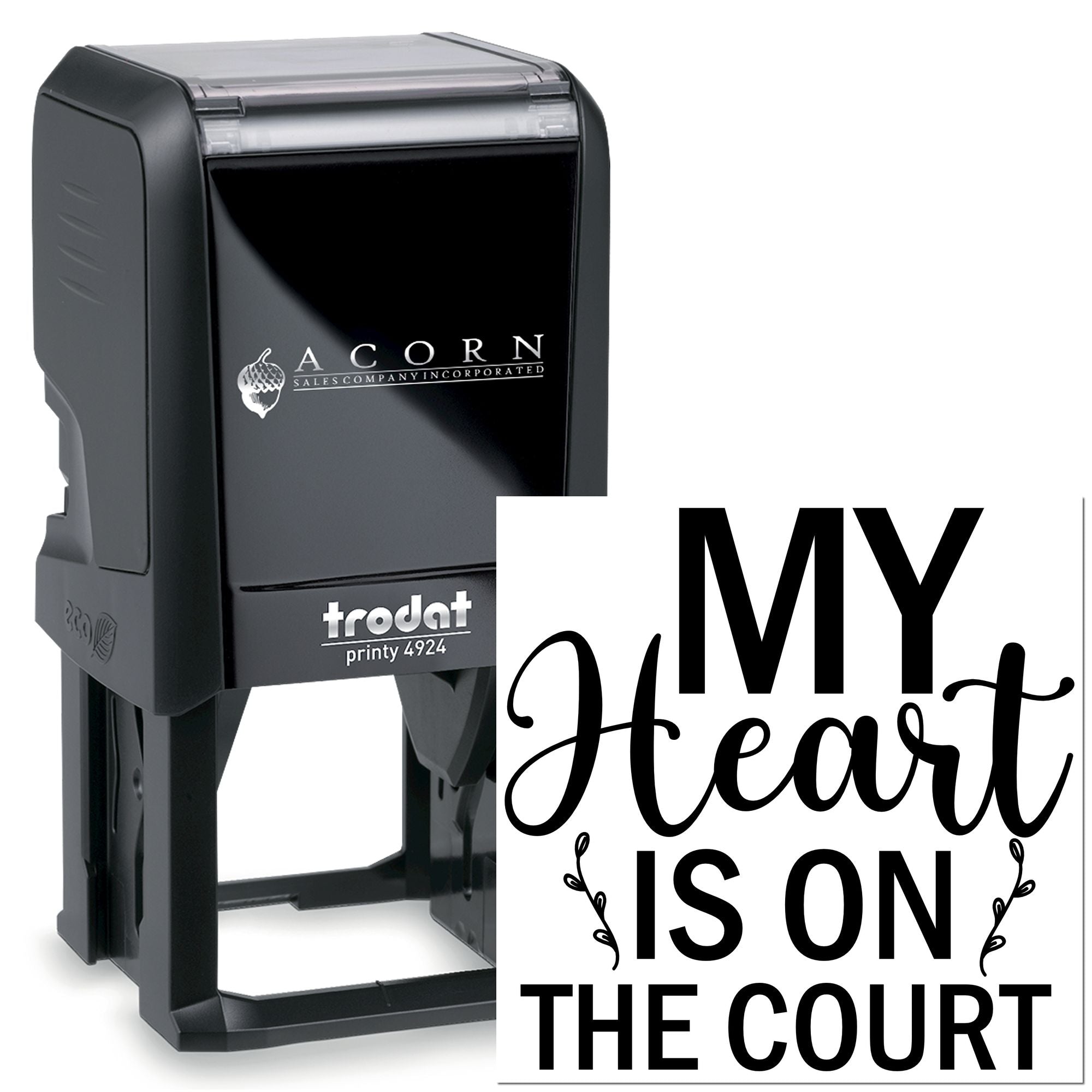 Custom self-inking rubber stamp with My Heart Is on the Court design for basketball teams and sports branding.