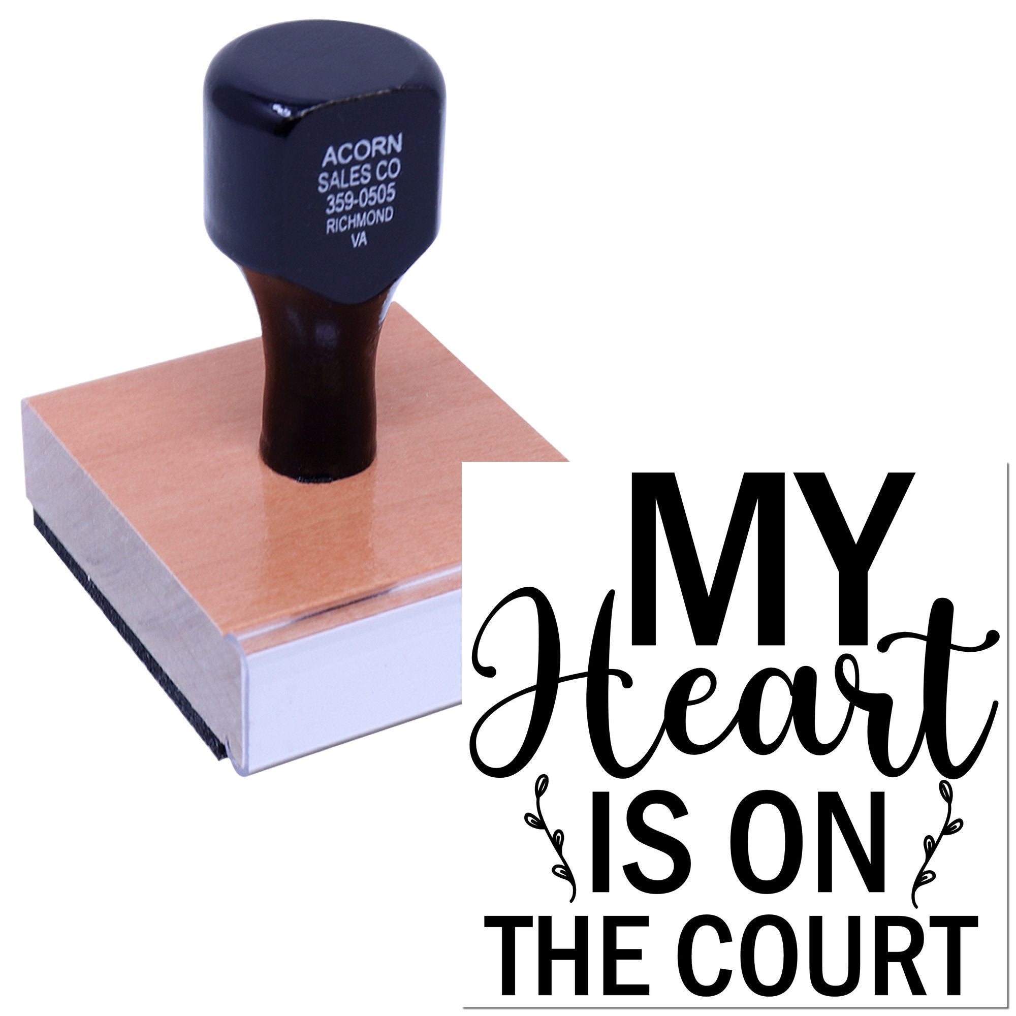 Custom rubber stamp reading My Heart Is on the Court for basketball-themed crafts and personalized stamping.