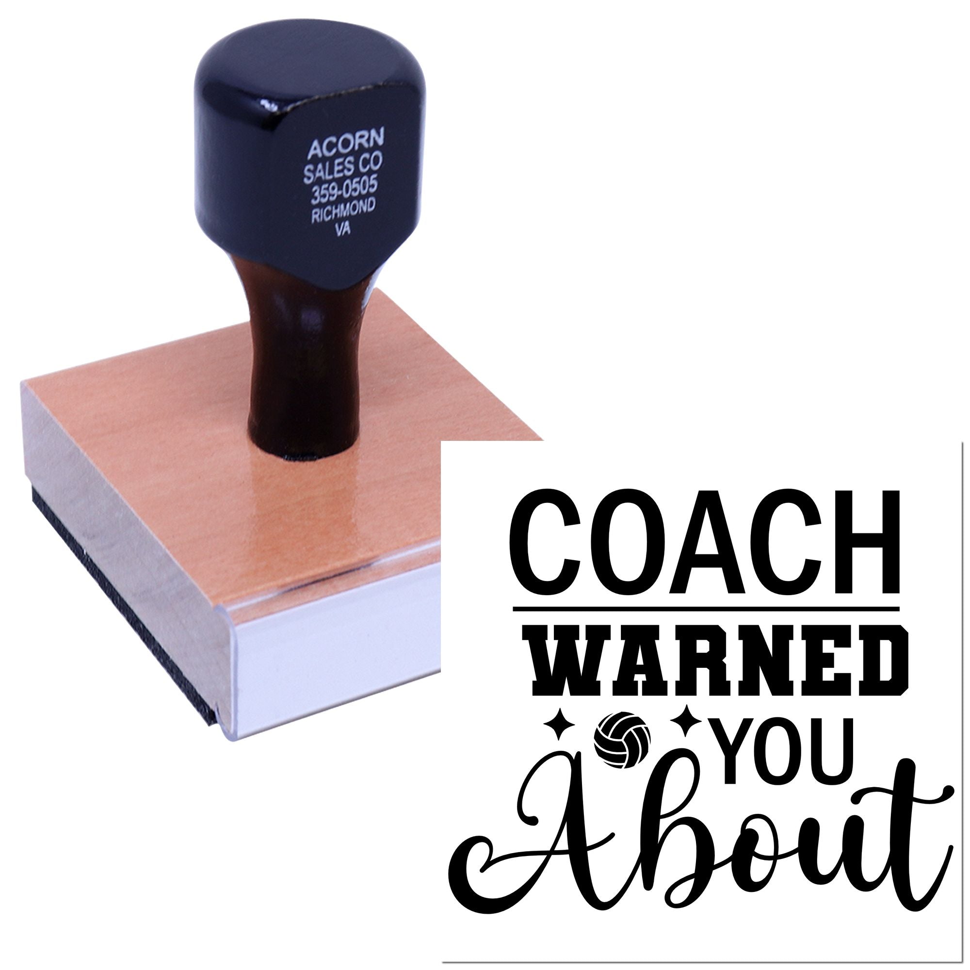 Custom rubber stamp for volleyball coaches with Coach Wanted You About text and ball icon.