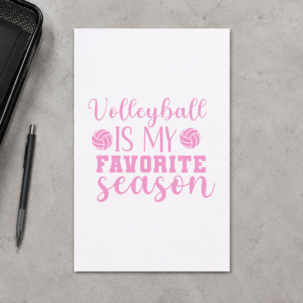 Volleyball Favorite Season craft stamp in purple ink on cardstock, an easy option for club signing tags.
