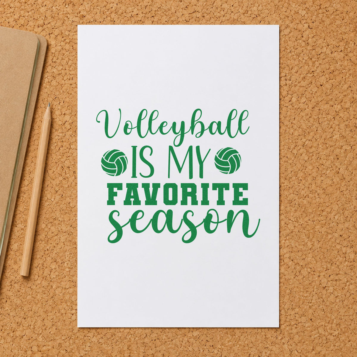 Volleyball Favorite Season craft stamp imprint in green ink on a handmade project, one idea being framed garage net.