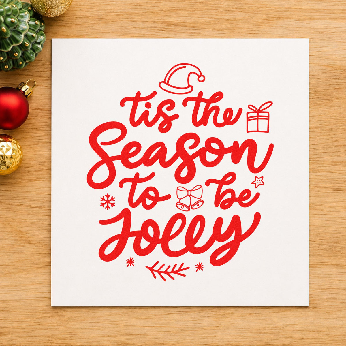 Tis Season To Be Jolly craft stamp in red ink on cardstock, an easy option for stocking cuff panels.