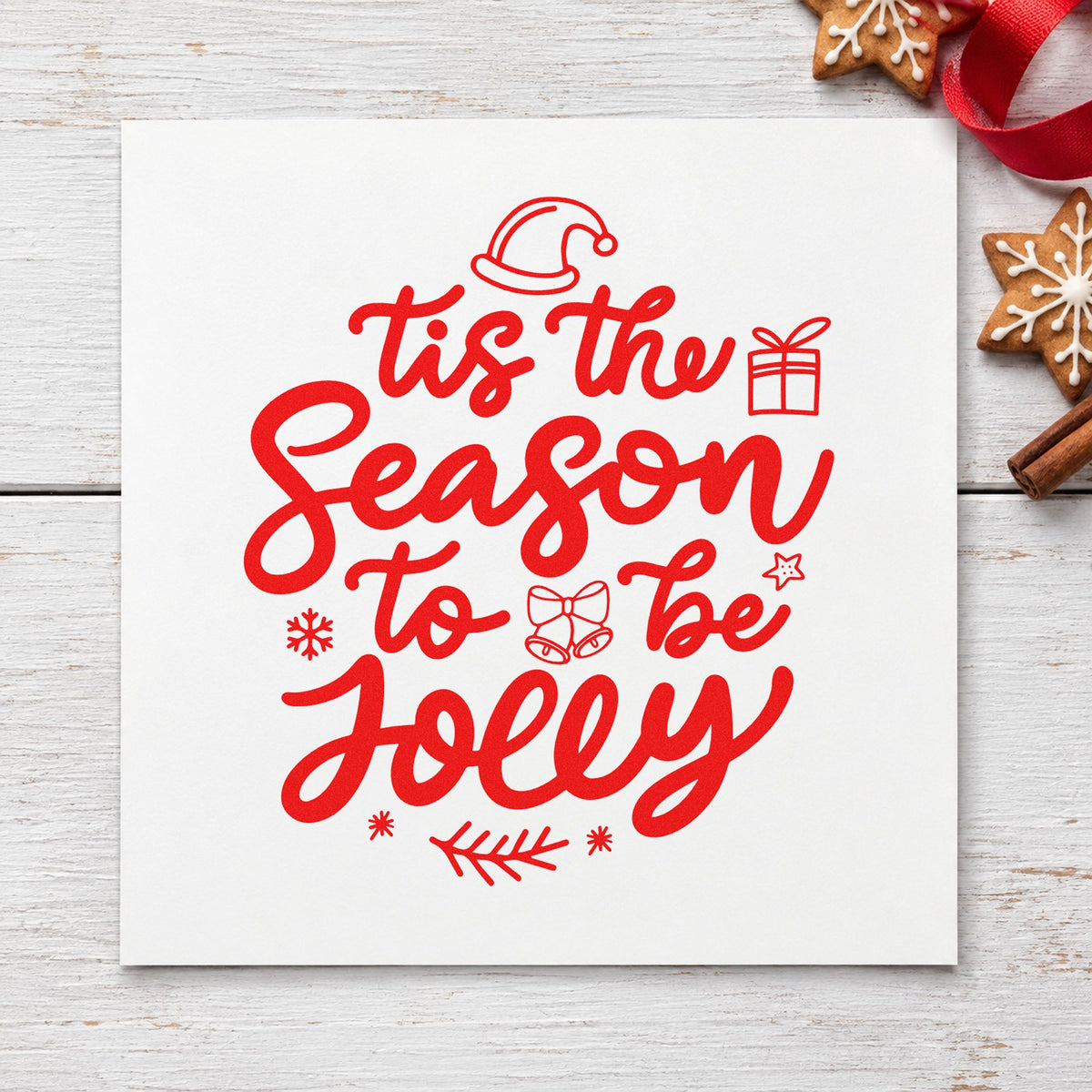 Tis Season To Be Jolly rubber stamp shown in red ink, stamped for projects such as carol night notes.