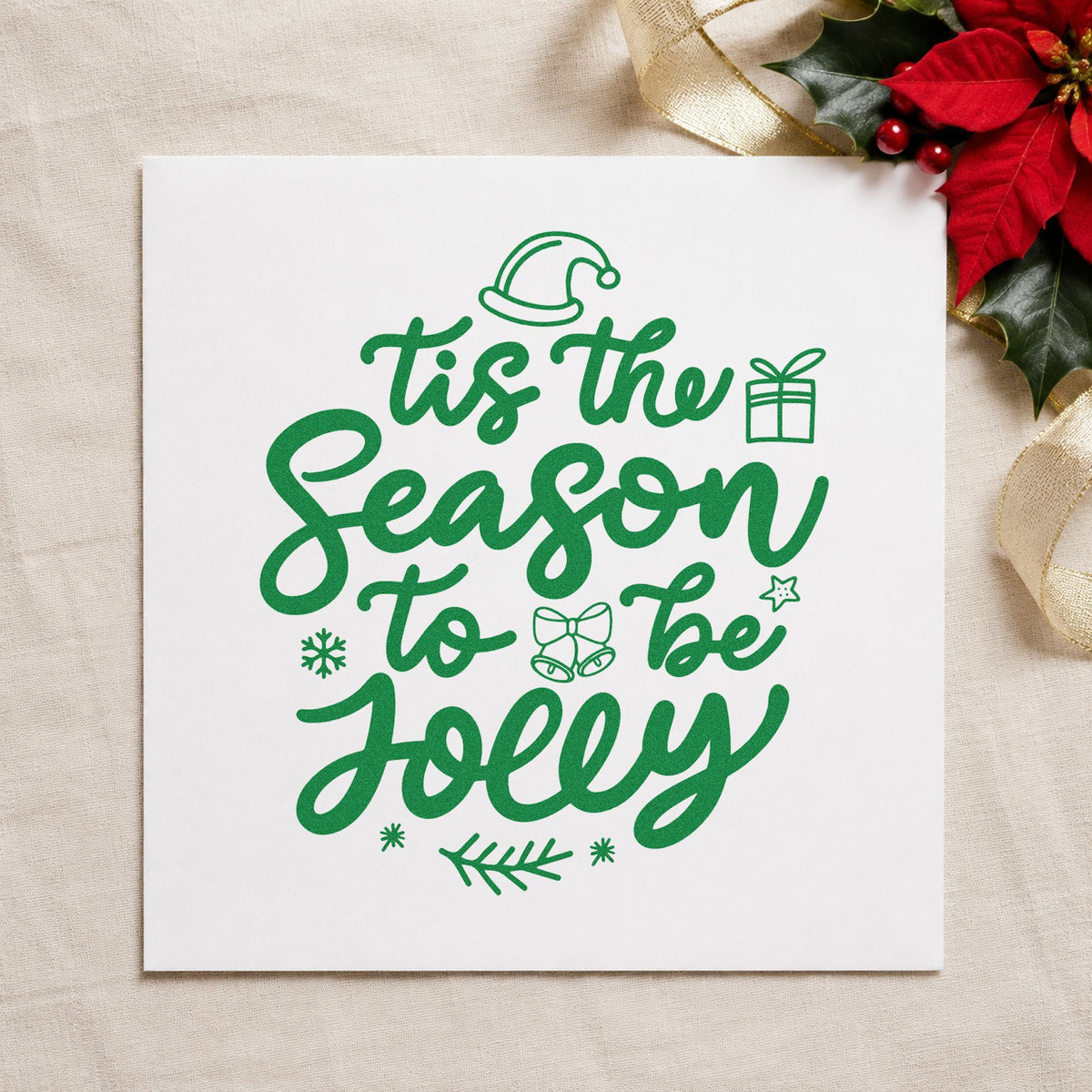 Tis Season To Be Jolly craft stamp imprint in green ink on a handmade project, one idea being framed mantel garland.