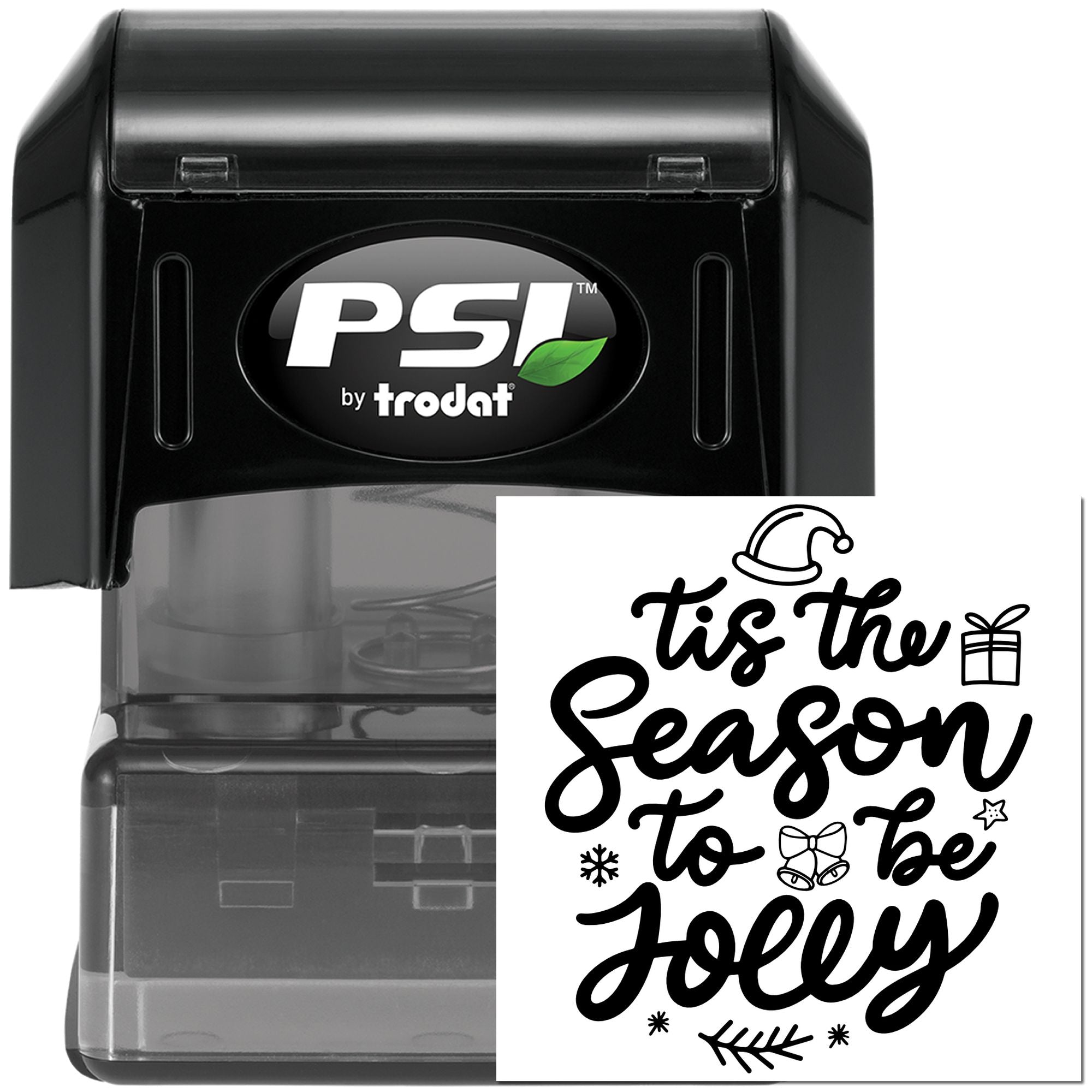Christmas self-inking rubber stamp by PSI Trodat with Tis the Season to Be Jolly festive holiday message.