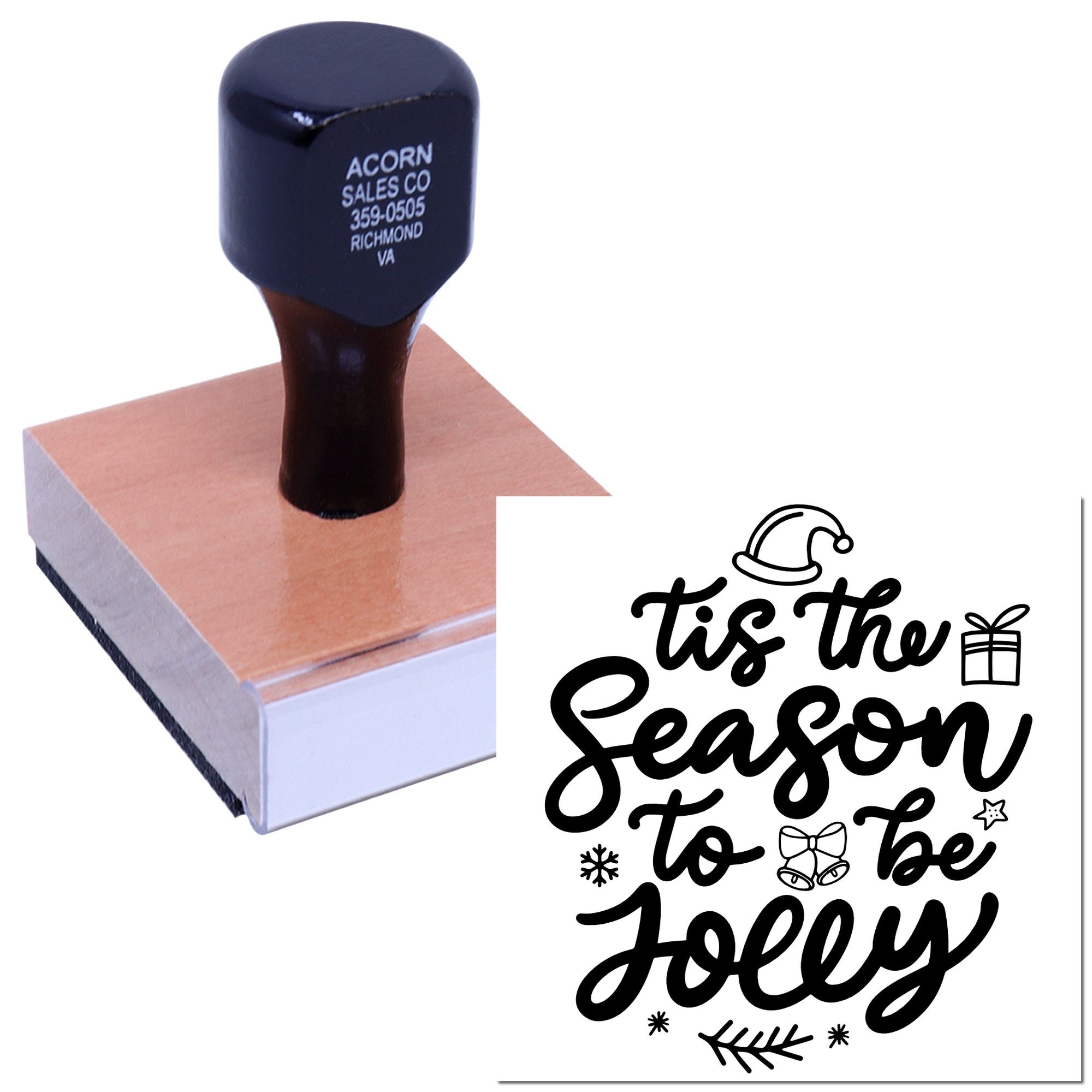Custom Christmas rubber stamp with Tis the Season to Be Jolly design for holiday cards, gift tags, and packaging.