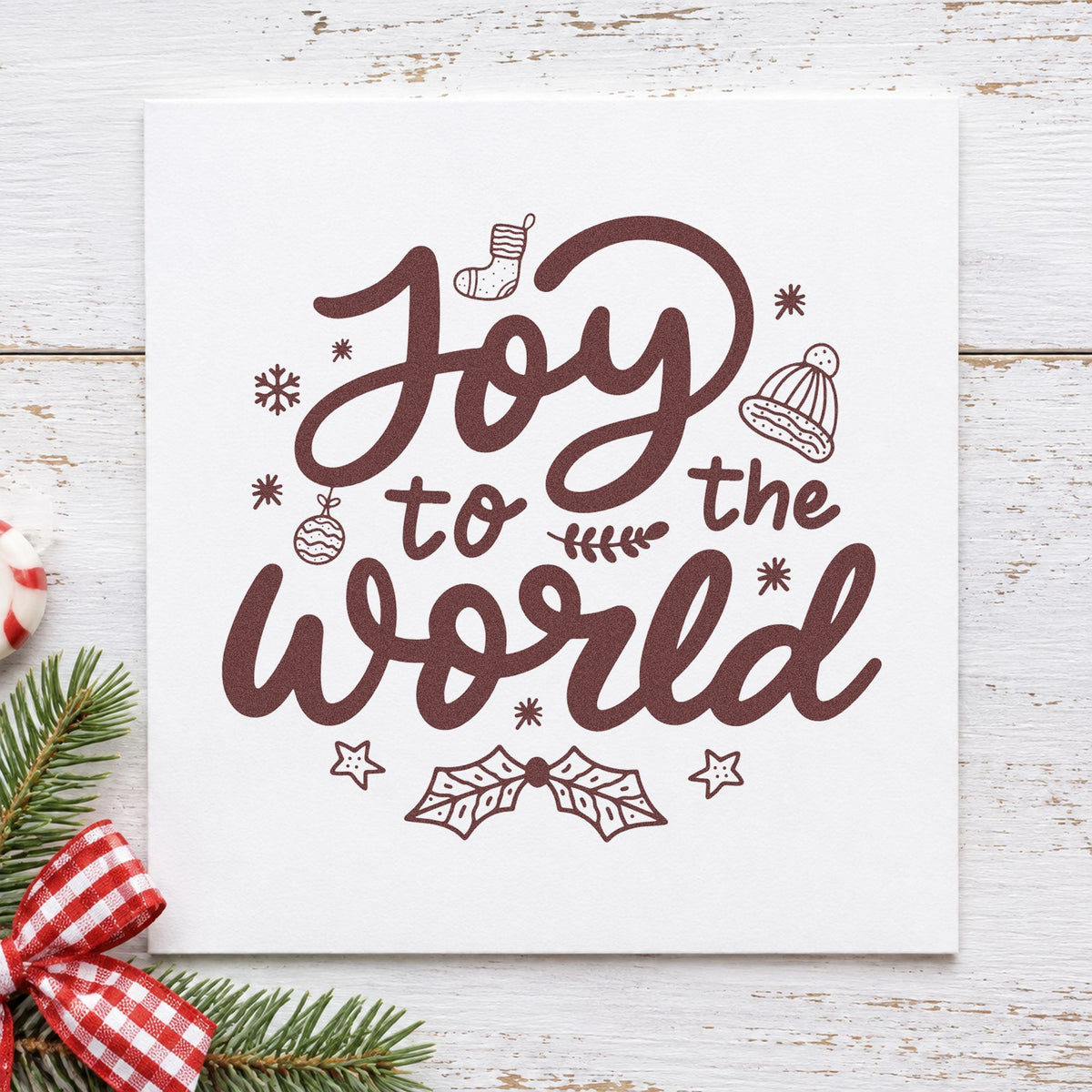 Joy To The World rubber stamp printed in brown ink, ready for choir program covers and similar paper crafts.