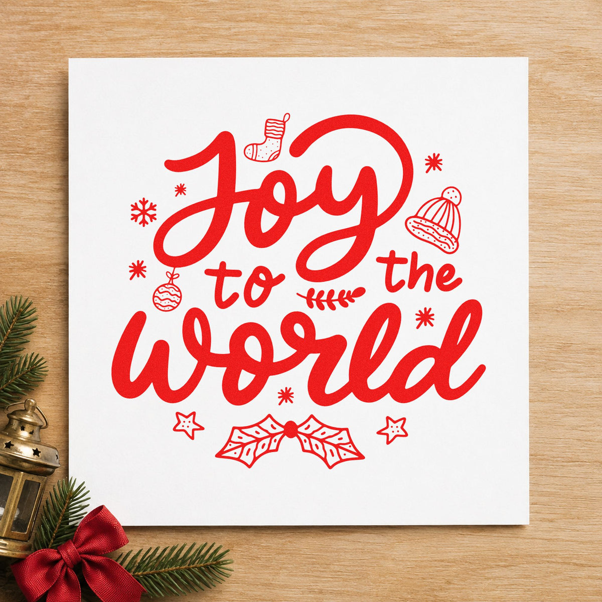 Joy To The World rubber stamp shown in red ink, stamped for projects such as family letter headers.