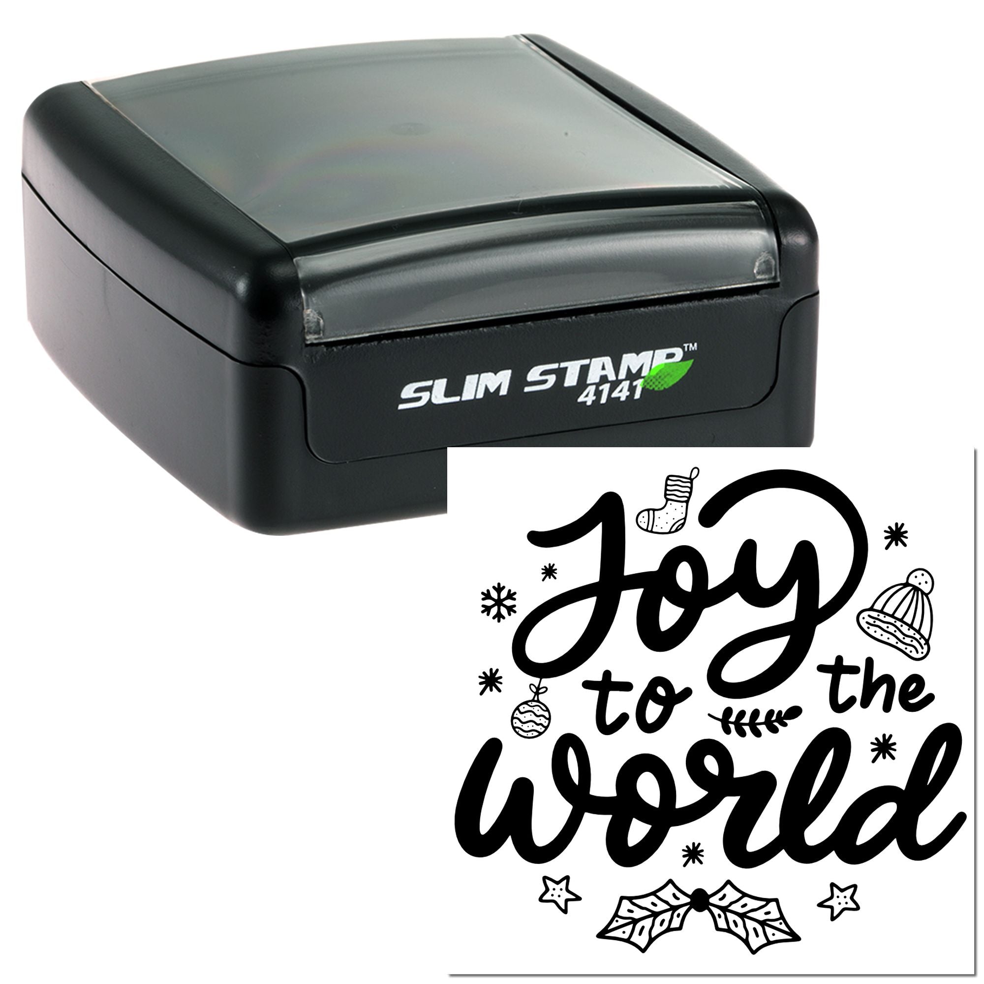 Slim self-inking rubber stamp with Joy to the World holiday design for Christmas card making and festive crafting.